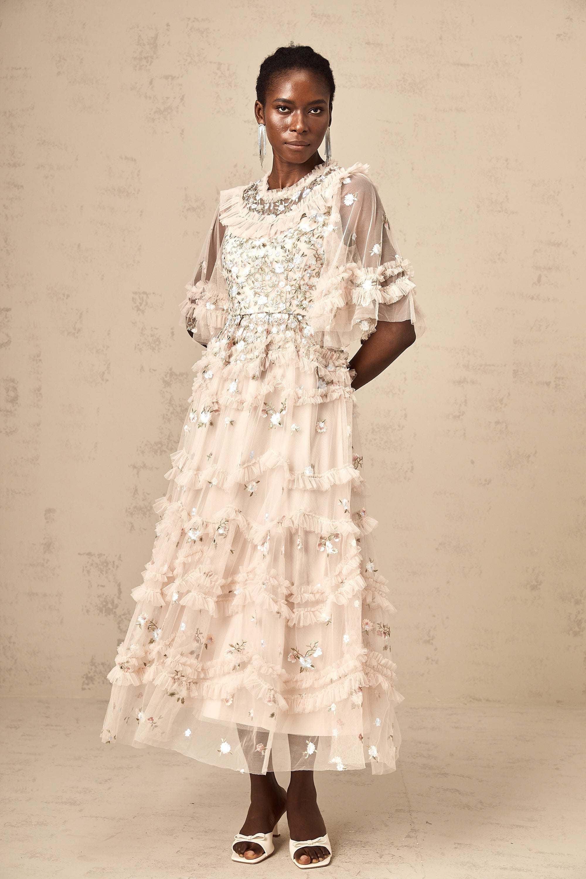 Kévina floral-embroidered tiered ruffled midi dress