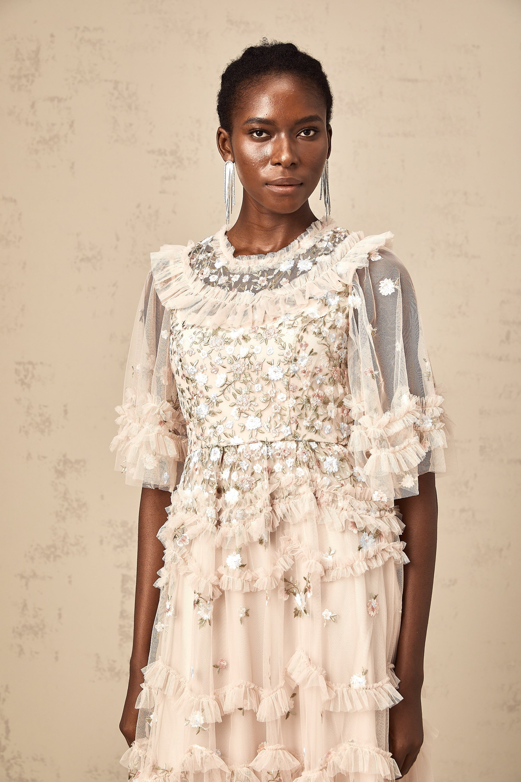 Kévina floral-embroidered tiered ruffled midi dress