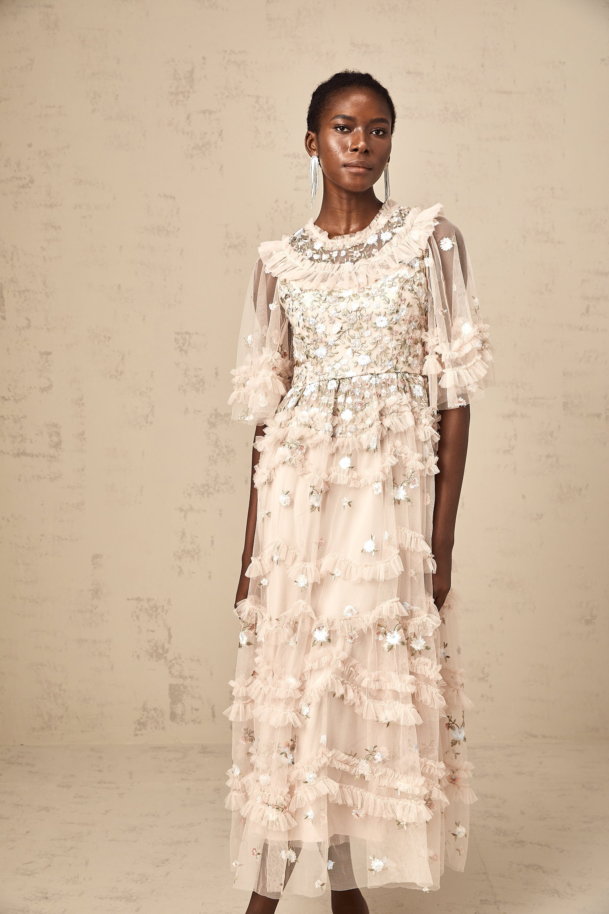 Kévina floral-embroidered tiered ruffled midi dress