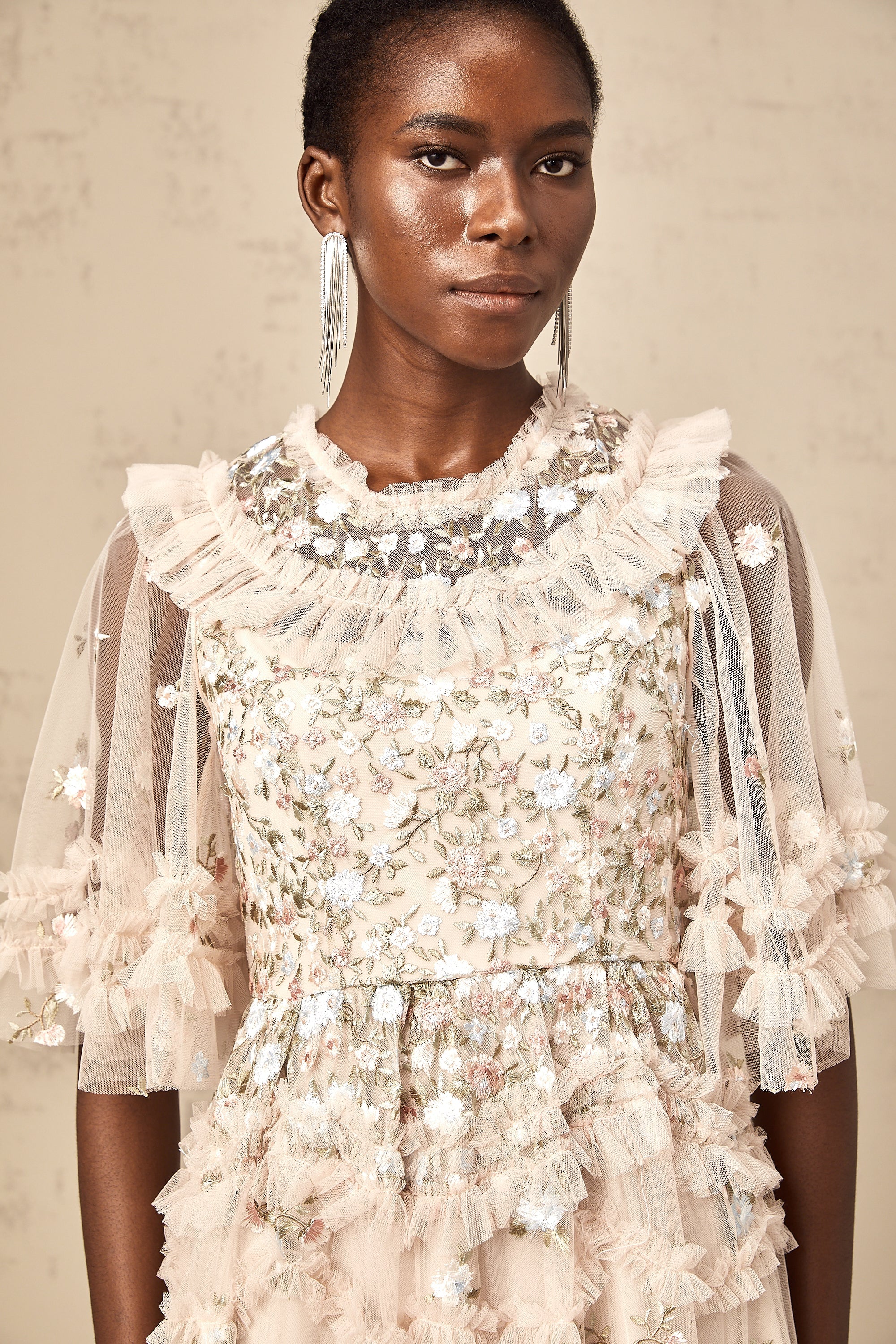 Kévina floral-embroidered tiered ruffled midi dress
