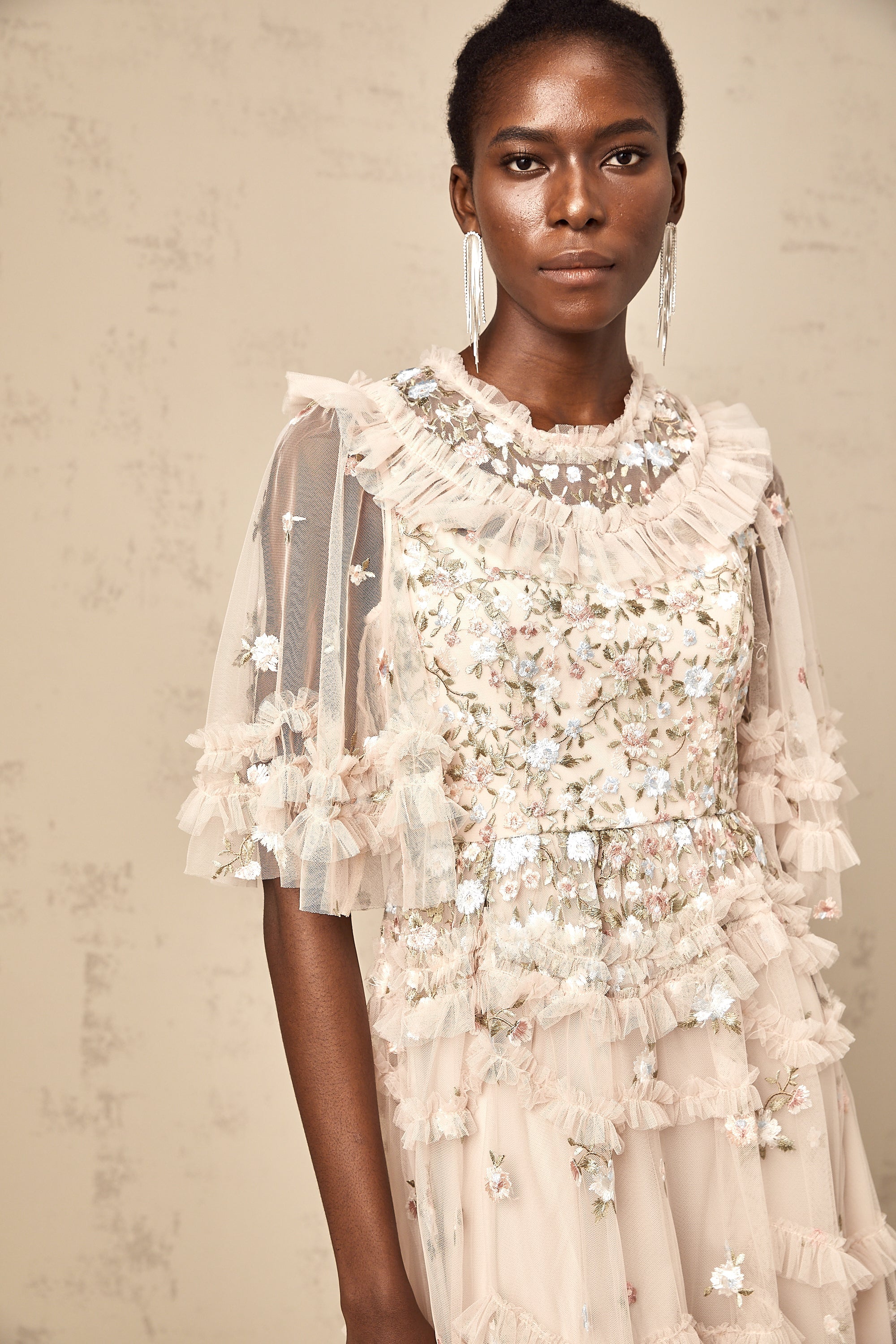 Kévina floral-embroidered tiered ruffled midi dress