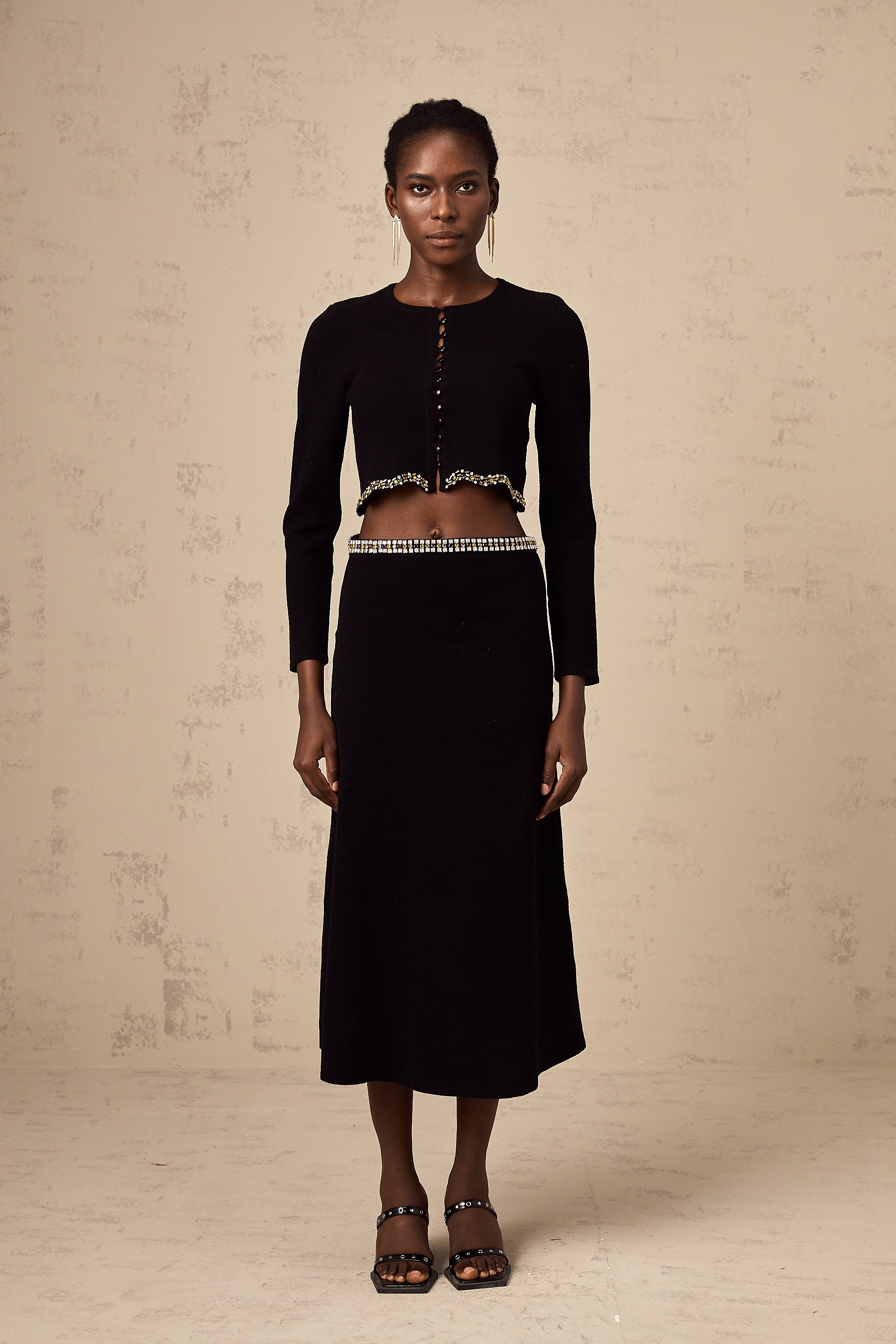 Magali black embellished knitted cardigan & skirt matching set (US Only)