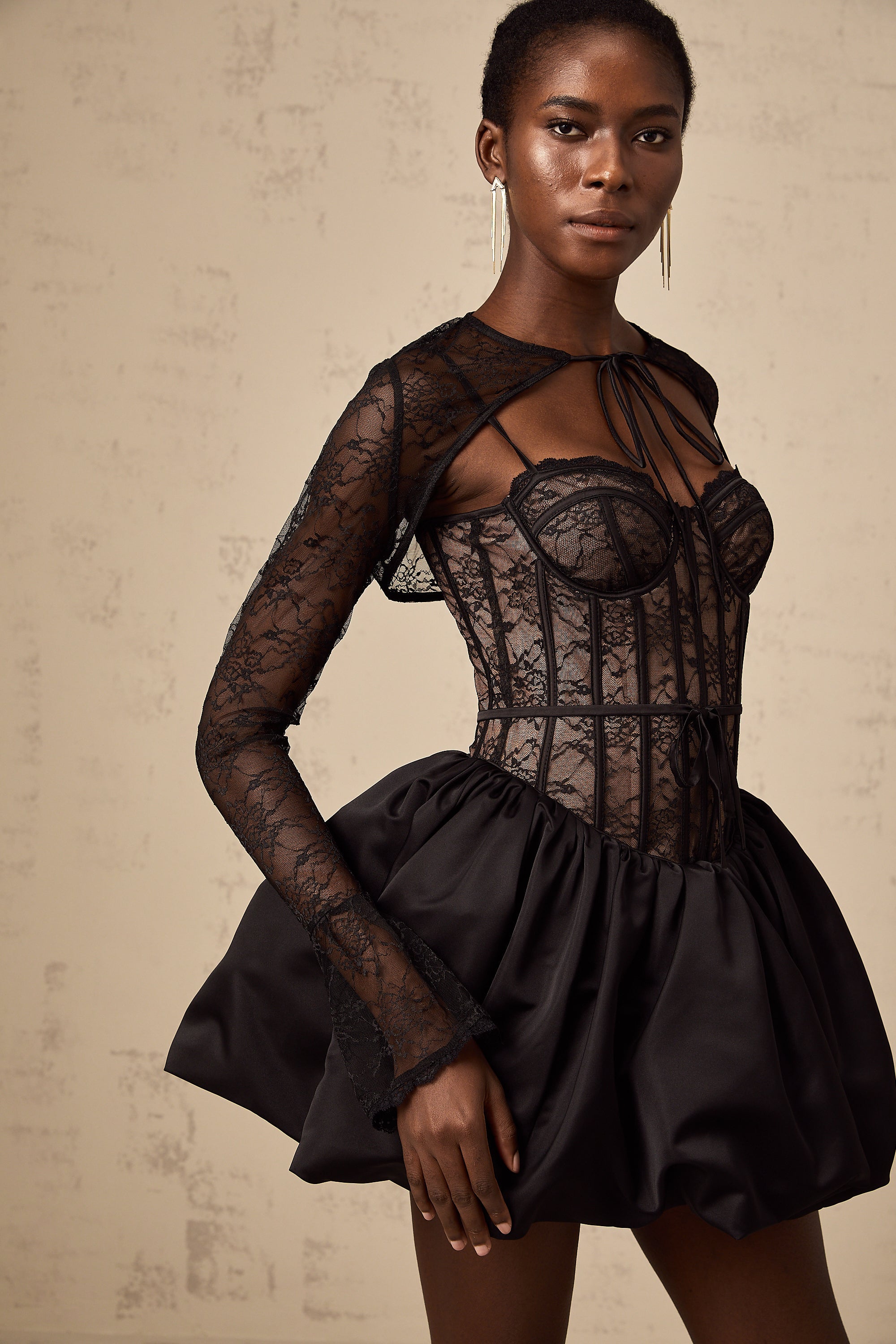 Louise black floral-lace vest & dress matching set