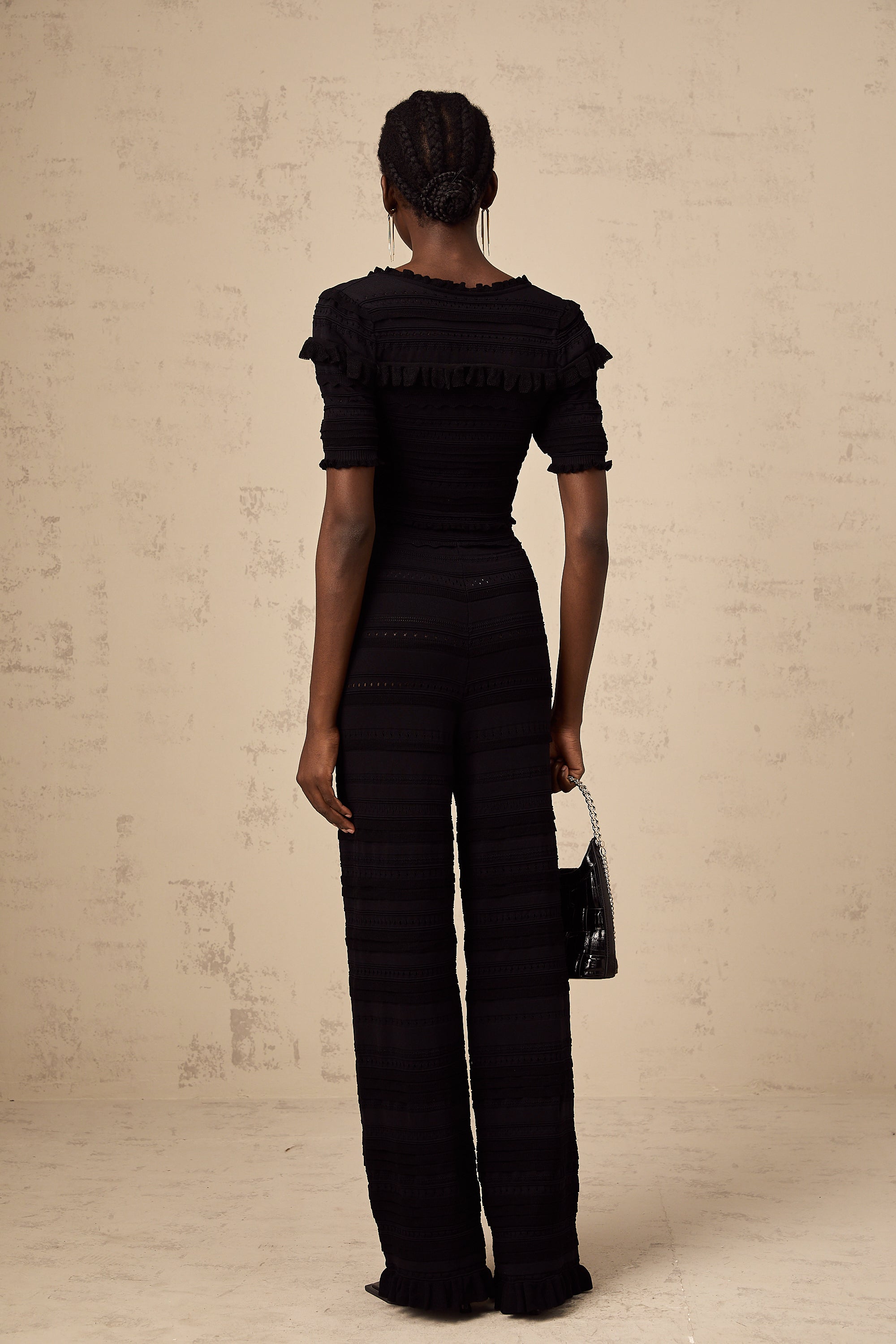 Charlotte black knitted ruffled top & trousers matching set