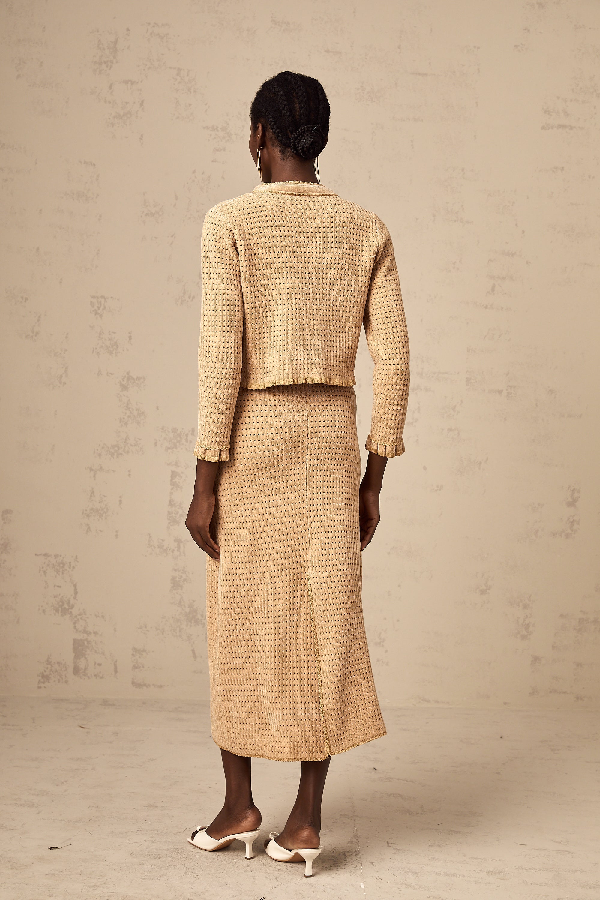 Léna khaki knitted cardigan & skirt matching set (US Only)