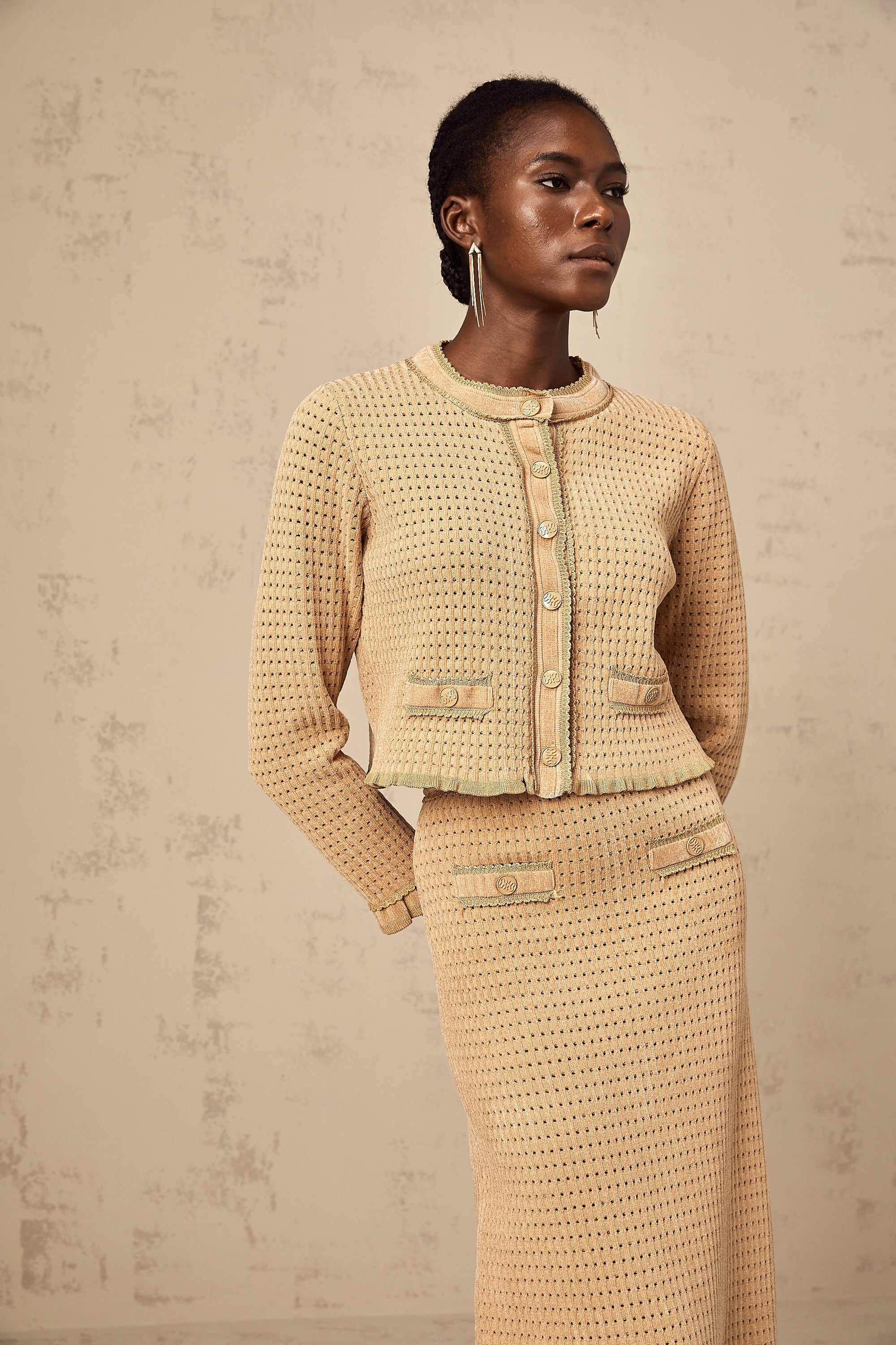 Léna khaki knitted cardigan & skirt matching set (US Only)