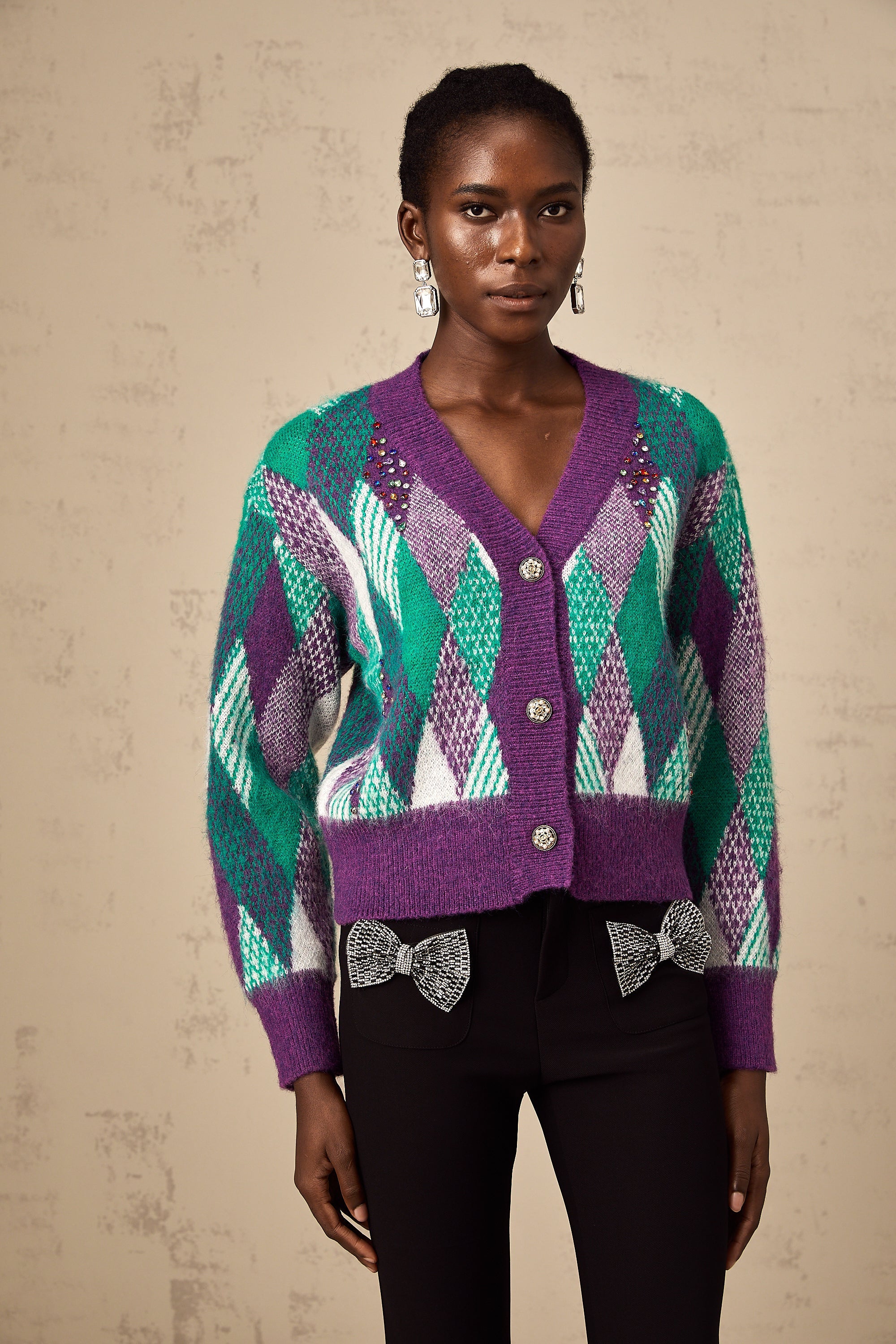 Coralie purple argyle-knit top