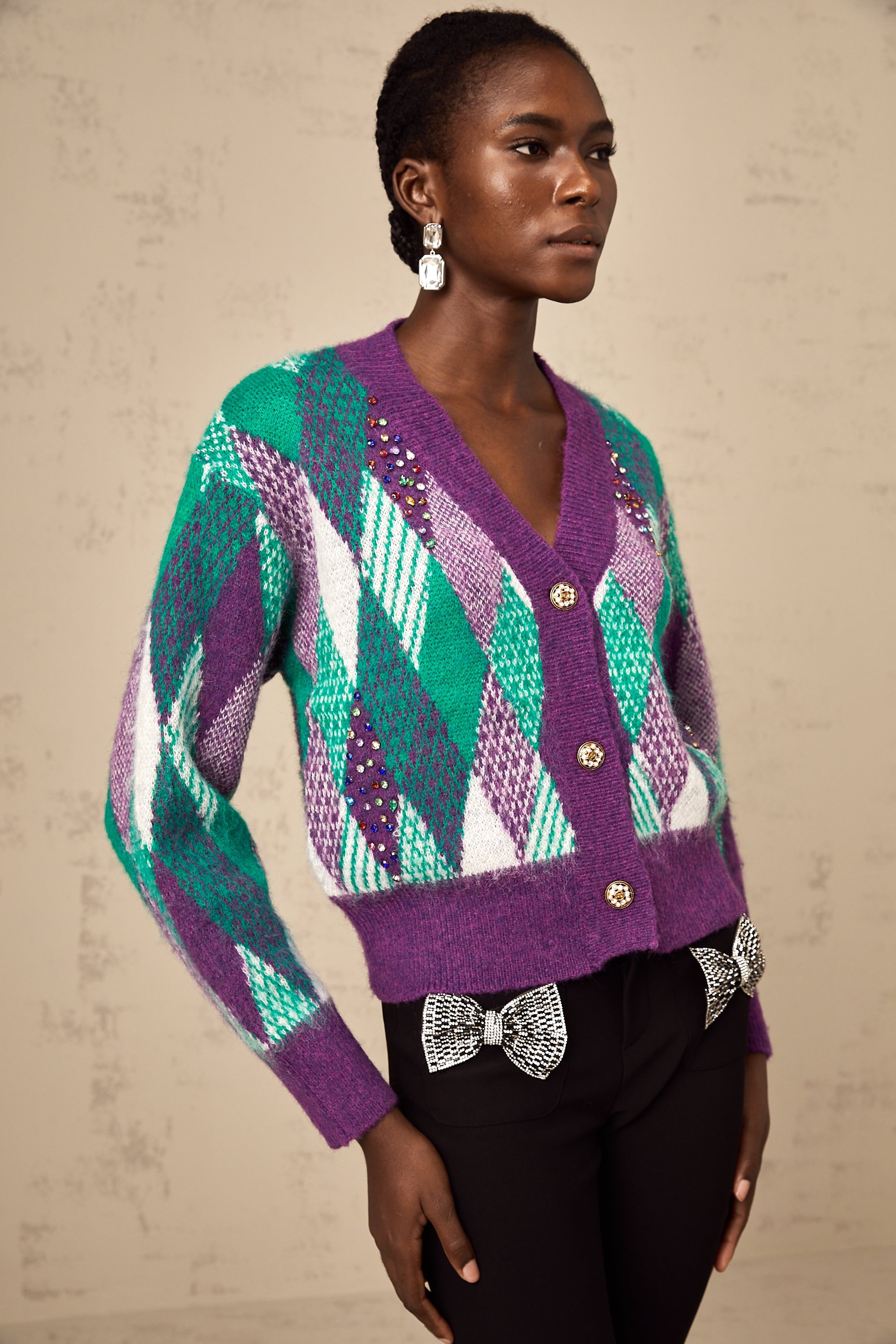 Coralie purple argyle-knit top