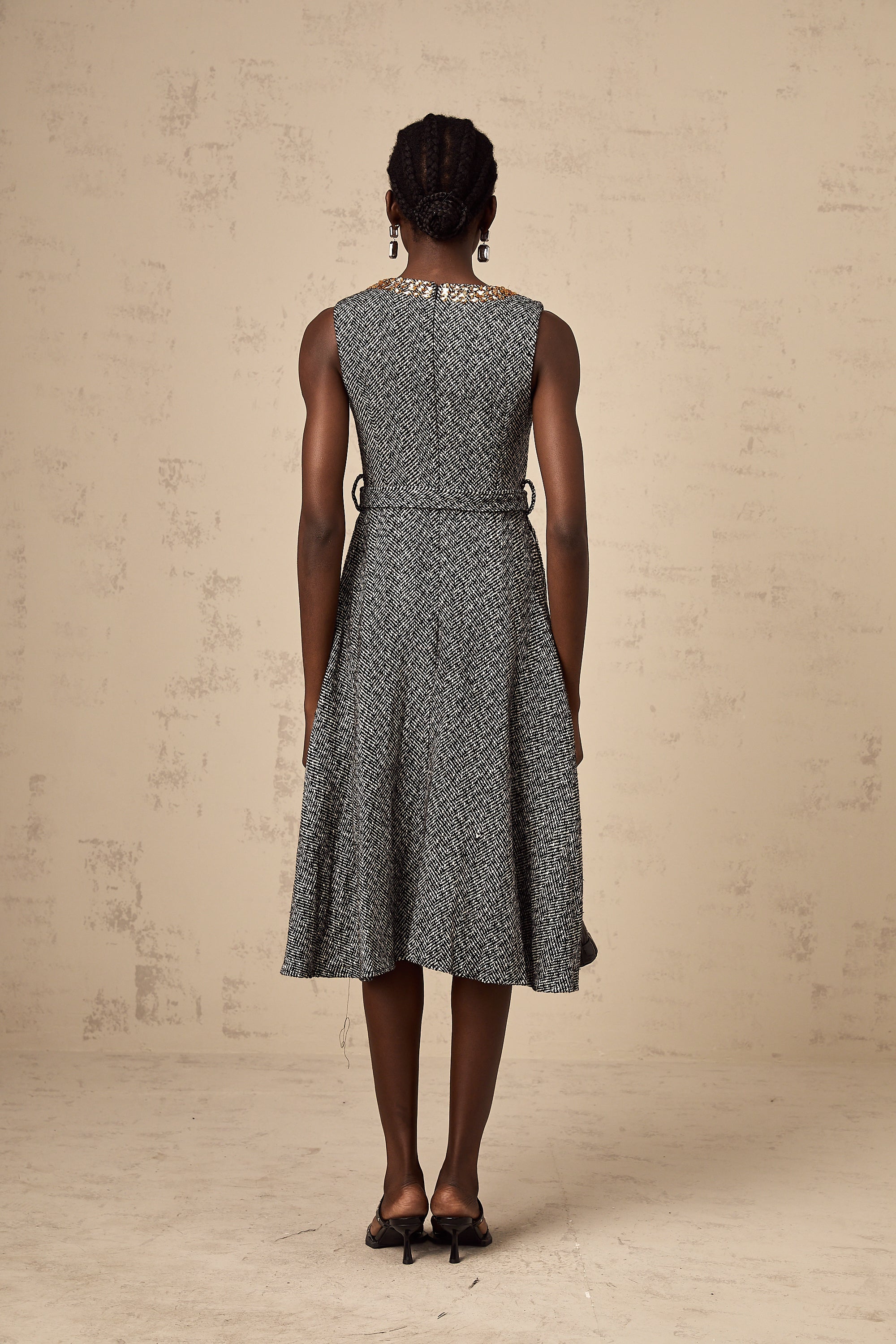 Valentine grey crystal sleeveless tweed midi dress (Final Sale)