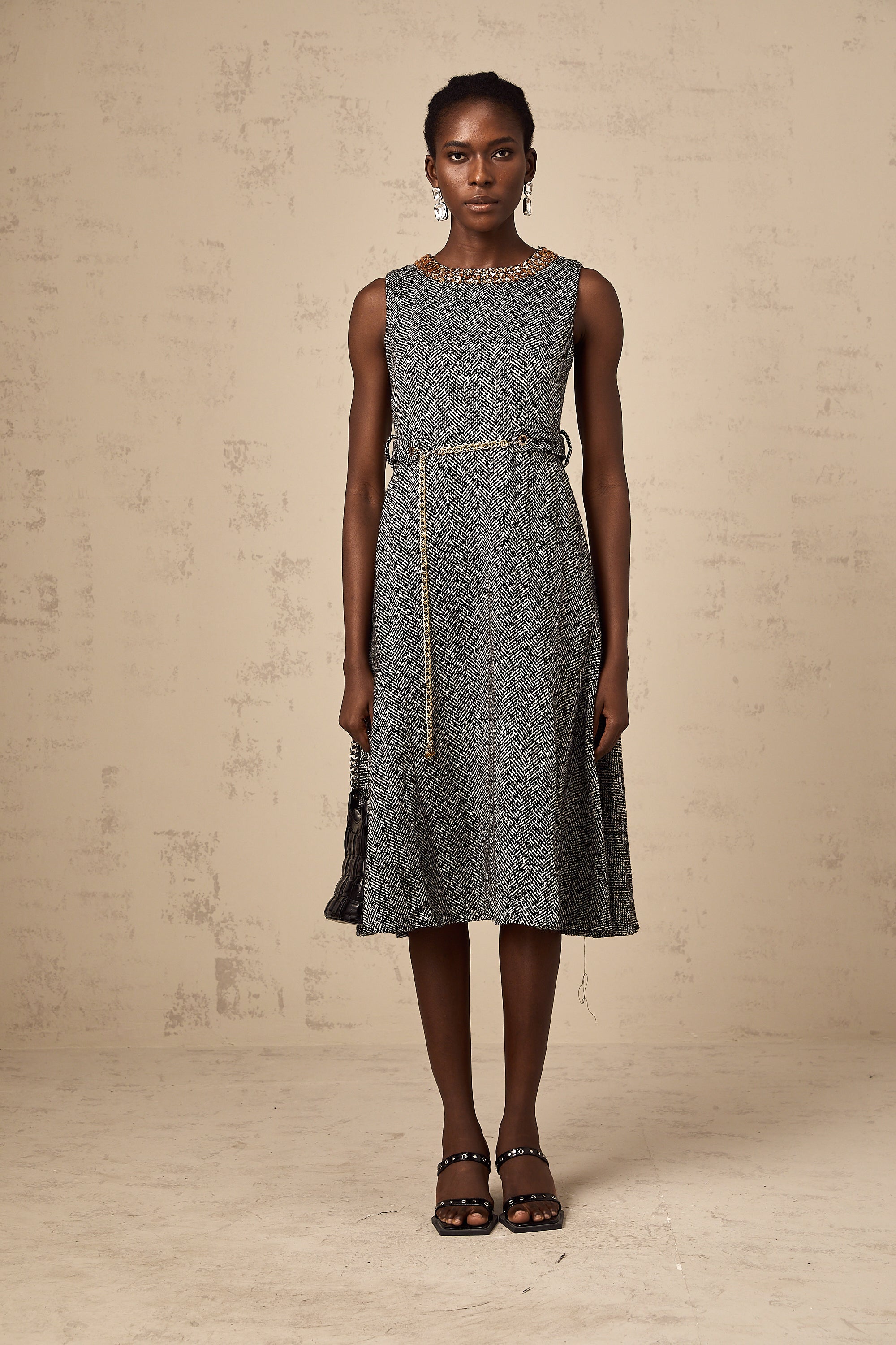 Valentine grey crystal sleeveless tweed midi dress (Final Sale)