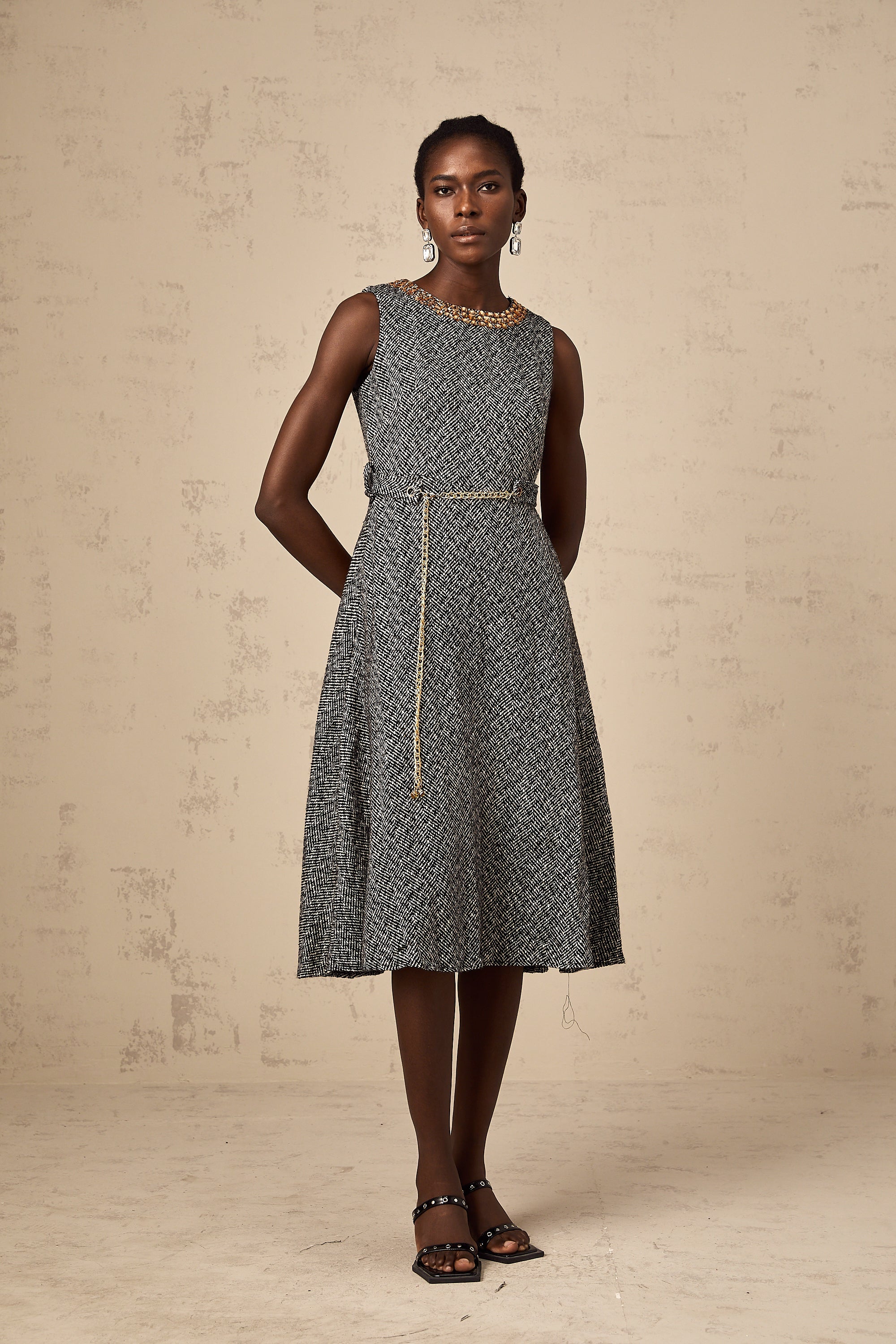 Valentine grey crystal sleeveless tweed midi dress (Final Sale)