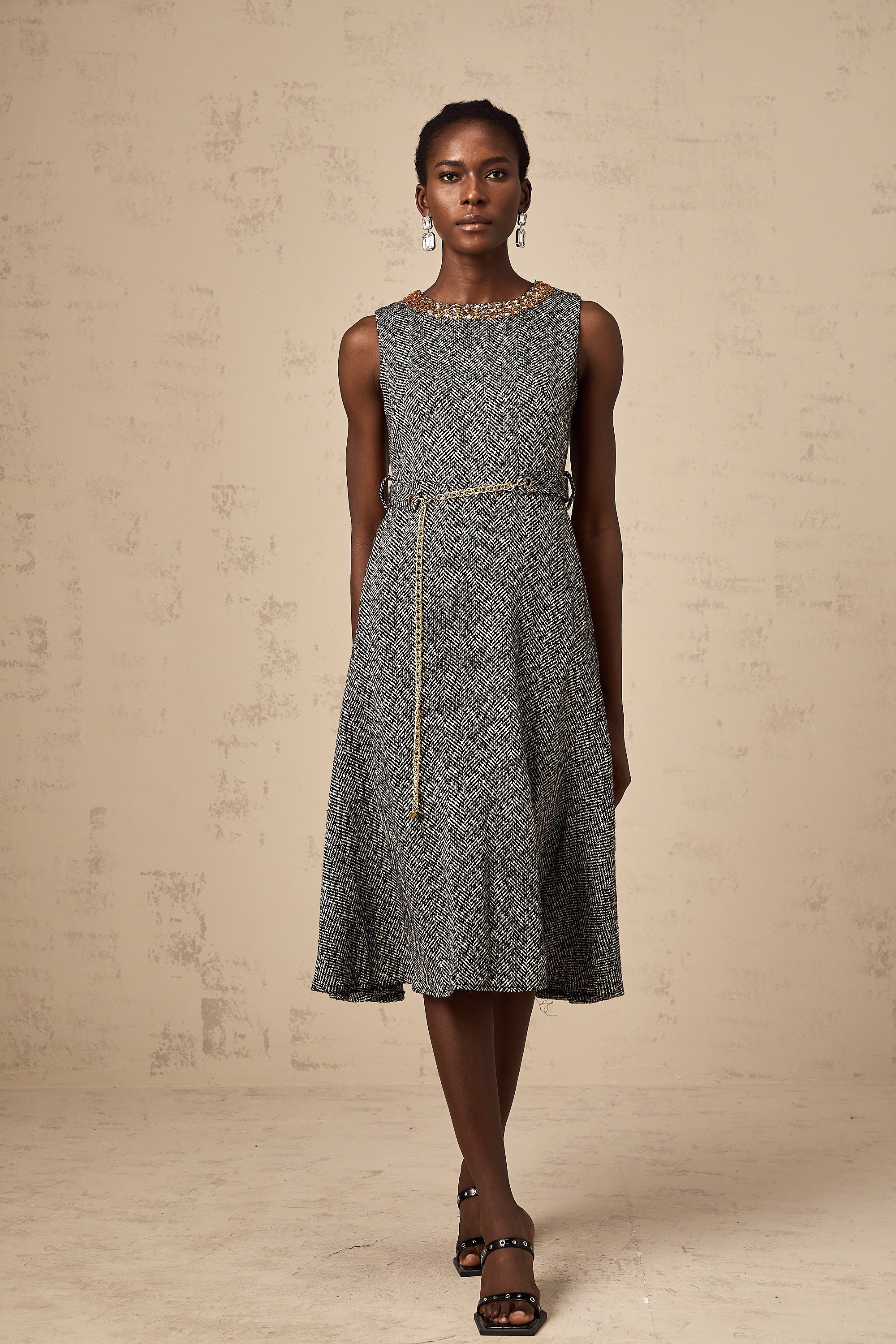 Valentine grey crystal sleeveless tweed midi dress (Final Sale)
