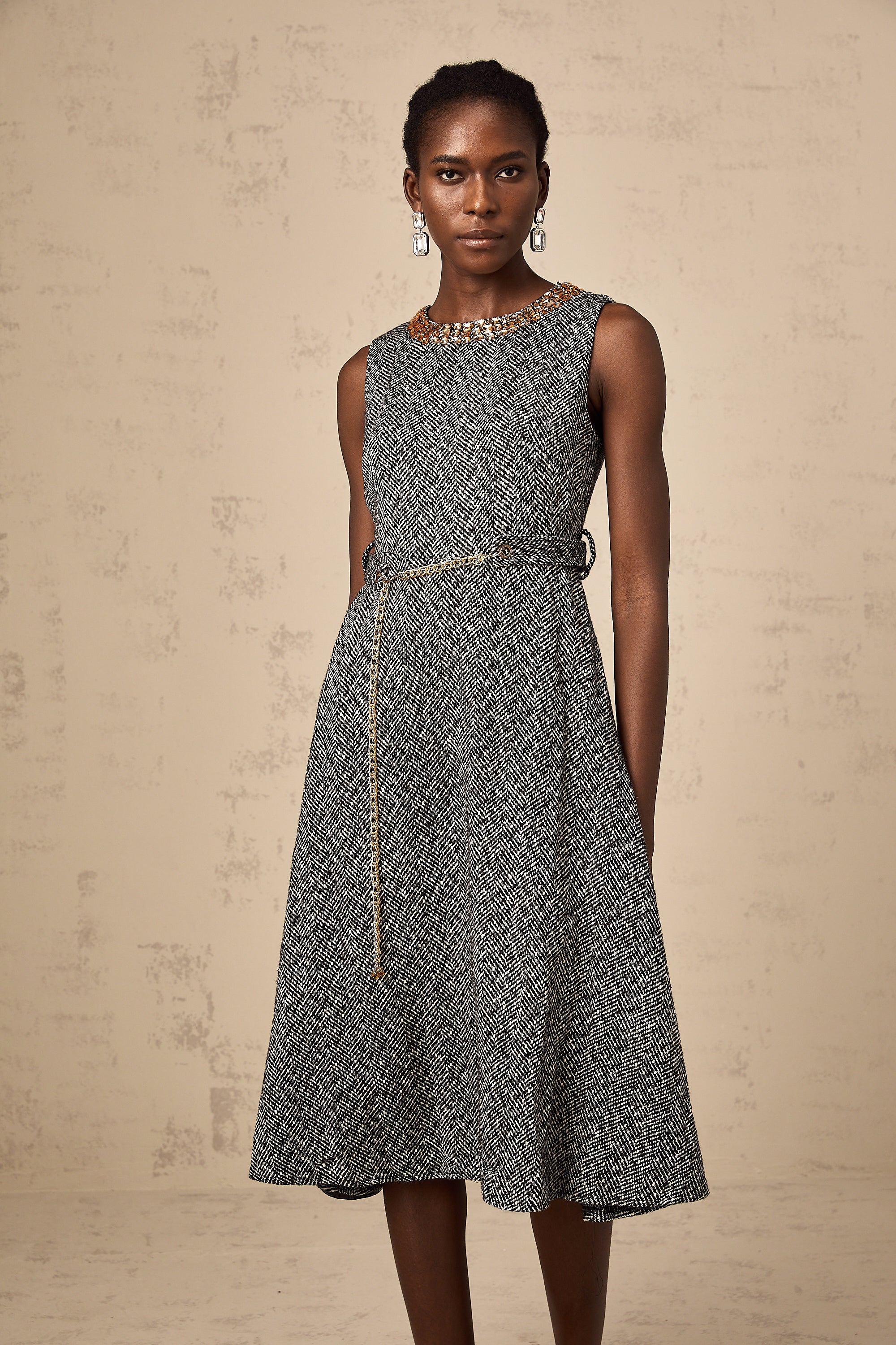 Valentine grey crystal sleeveless tweed midi dress (Final Sale)