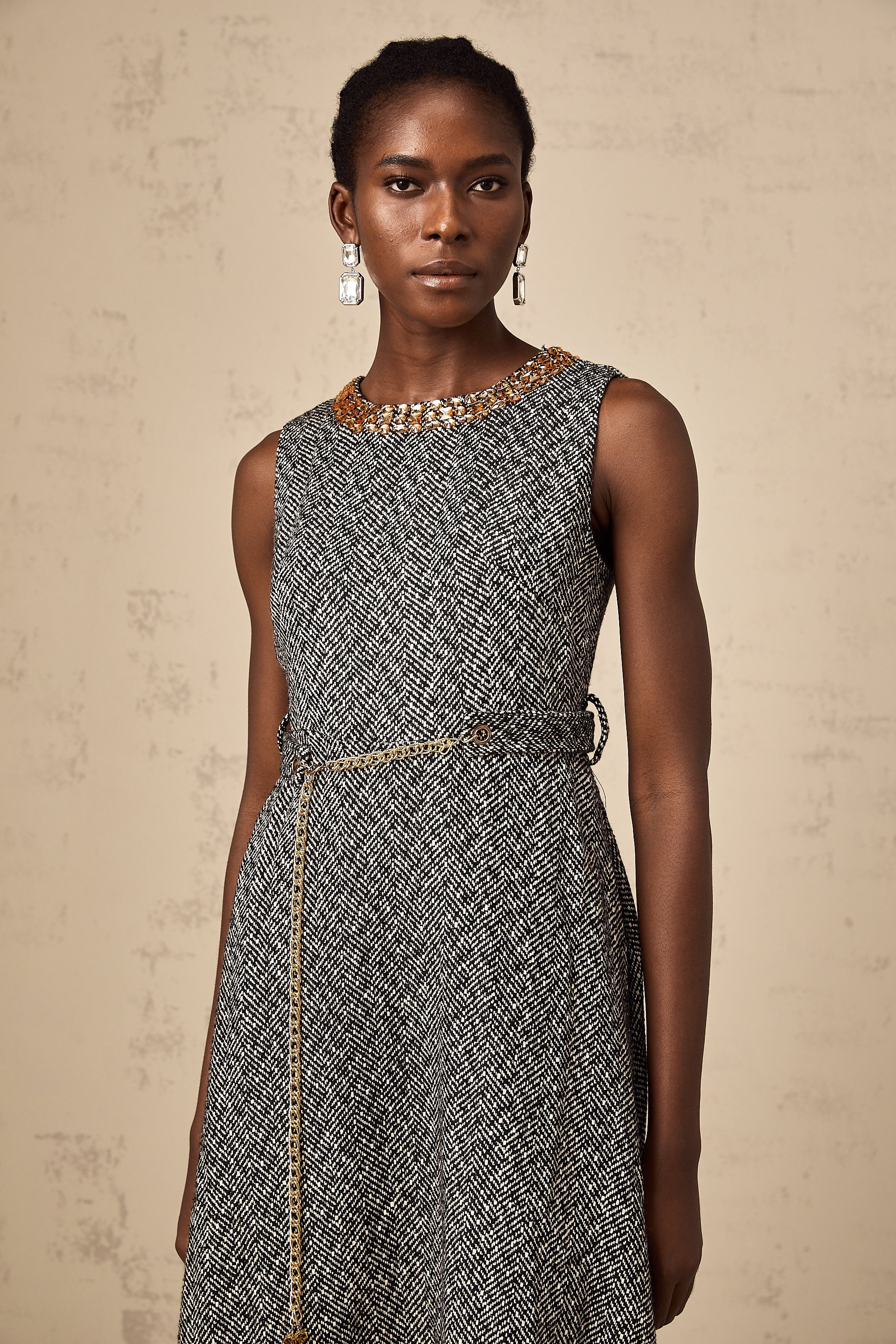 Valentine grey crystal sleeveless tweed midi dress (Final Sale)