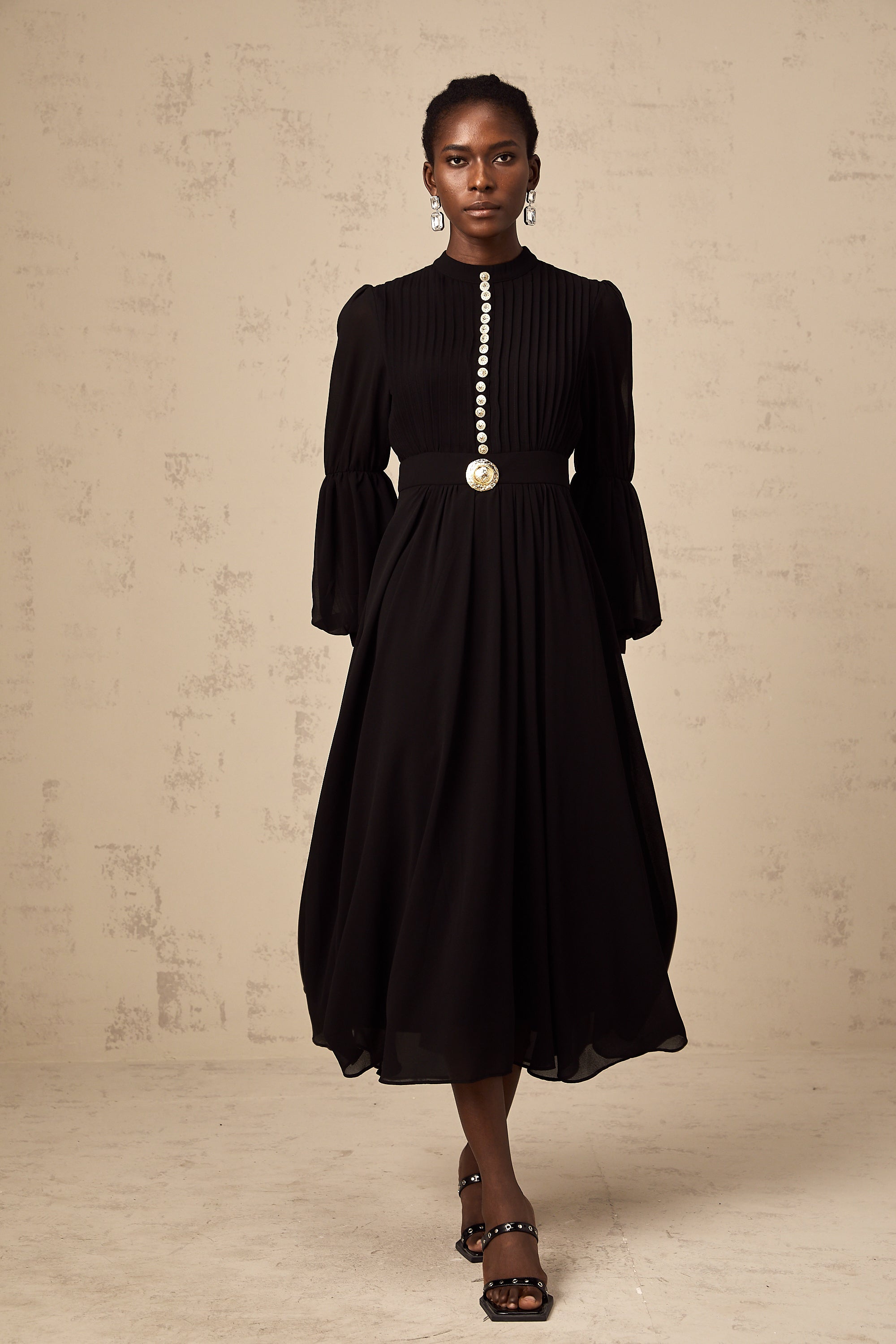 Viviane black pleated button-front midi dress (Final Sale-US Only)