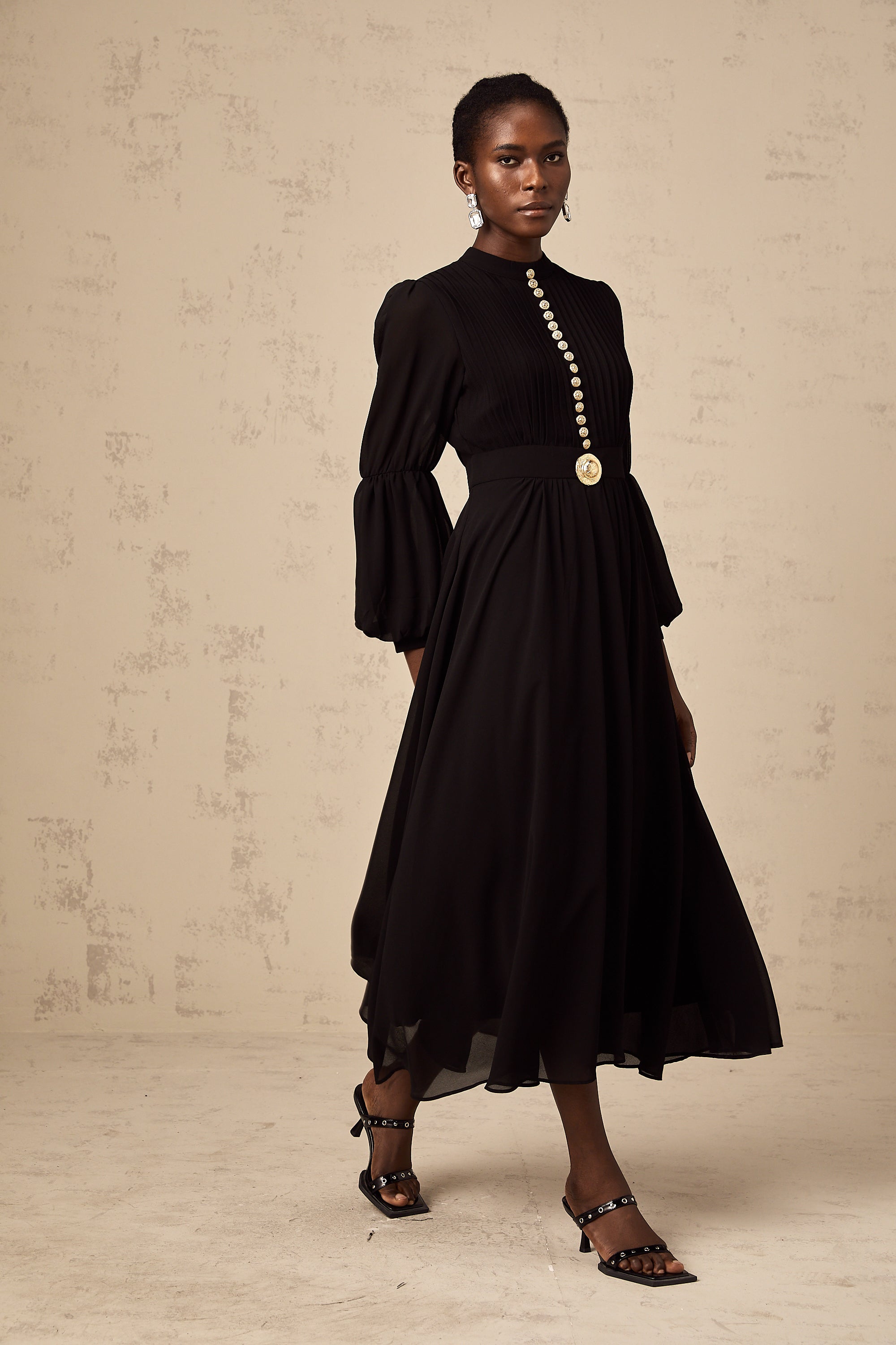 Viviane black pleated button-front midi dress (Final Sale-US Only)