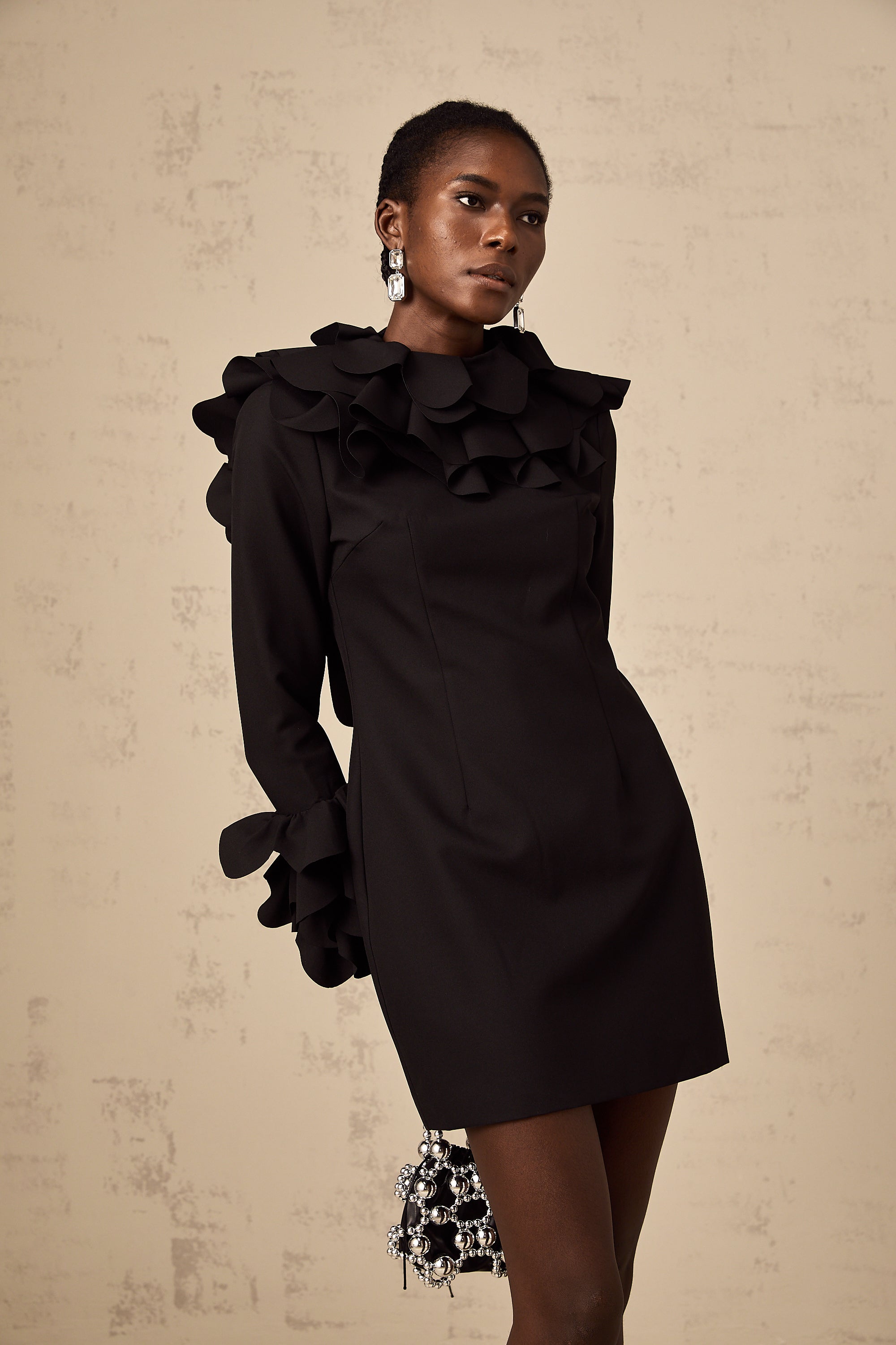 Jacques black ruffled open-back mini dress