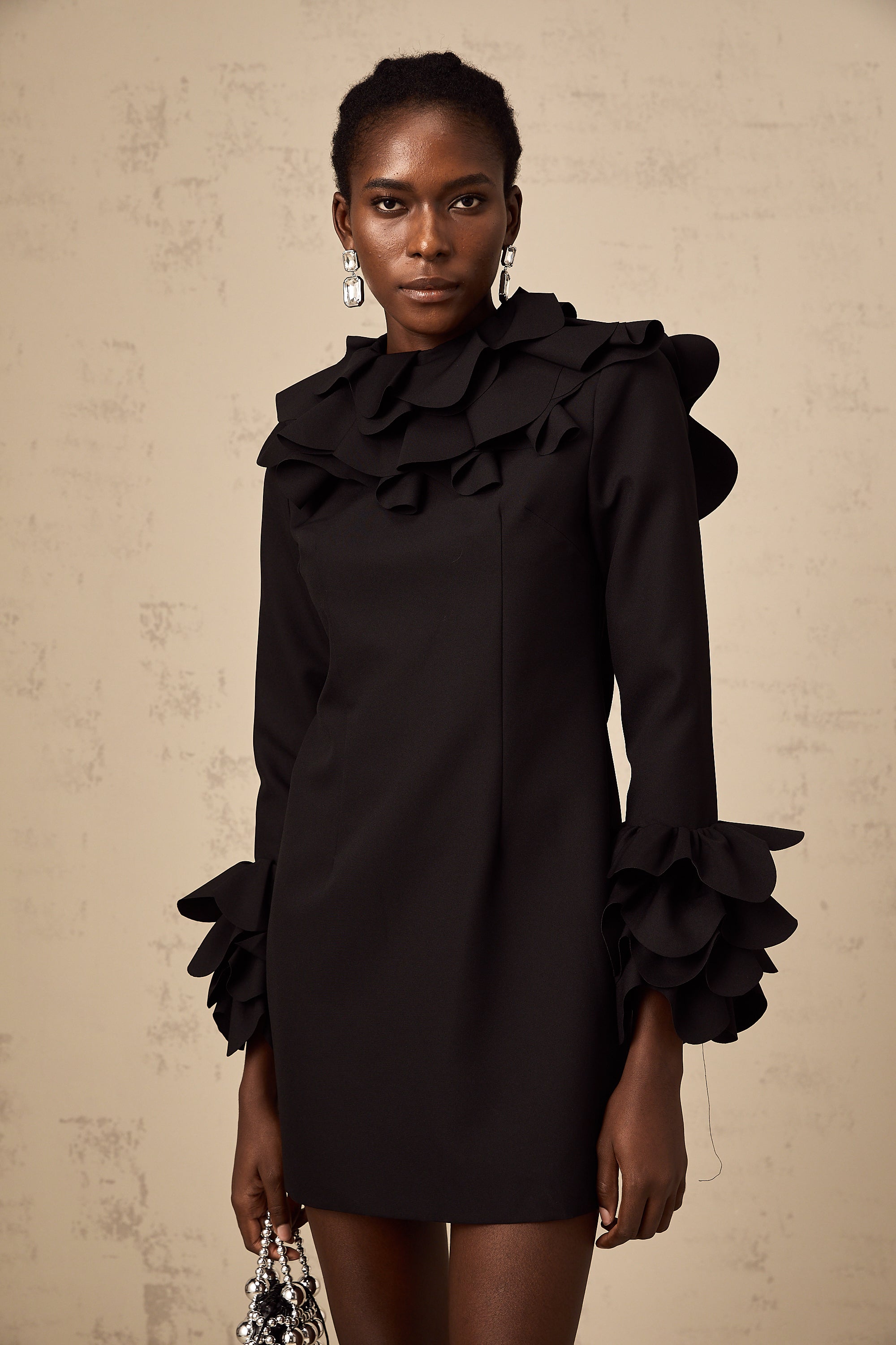 Priscille black ruffled open-back mini dress (US Only)