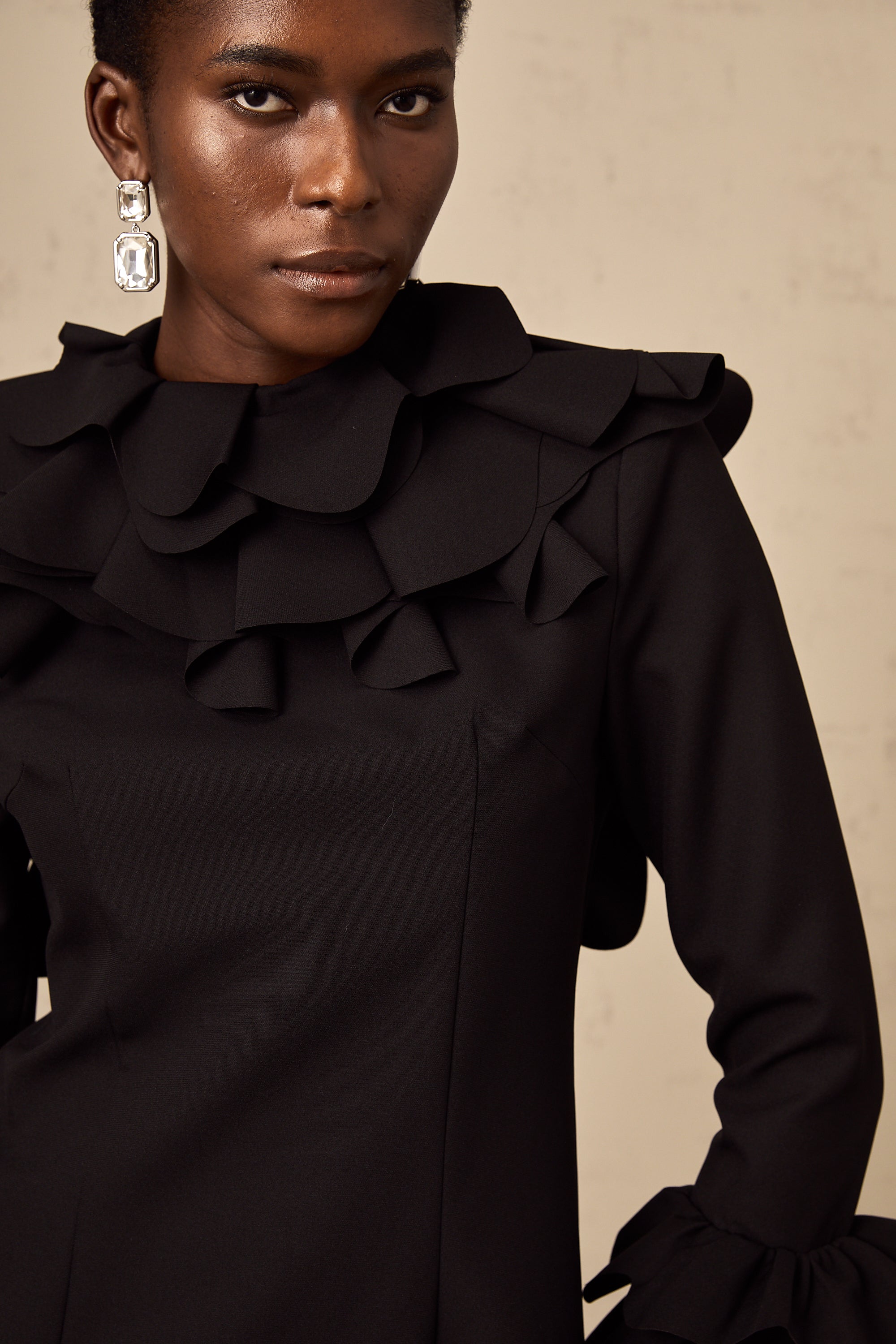 Priscille black ruffled open-back mini dress (US Only)
