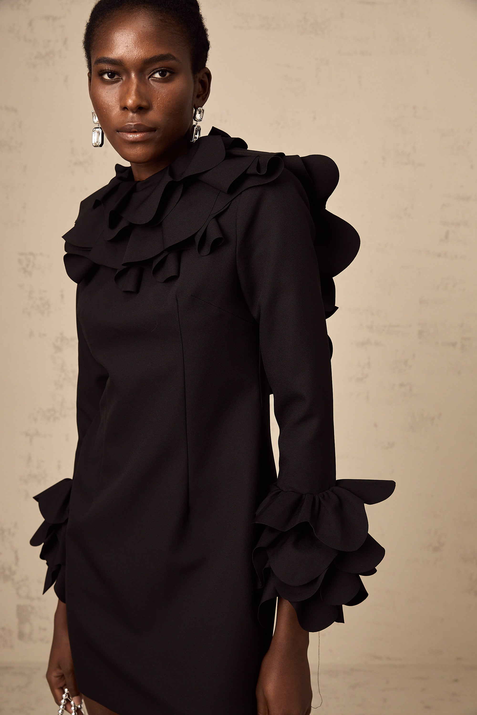 Priscille black ruffled open-back mini dress (US Only)