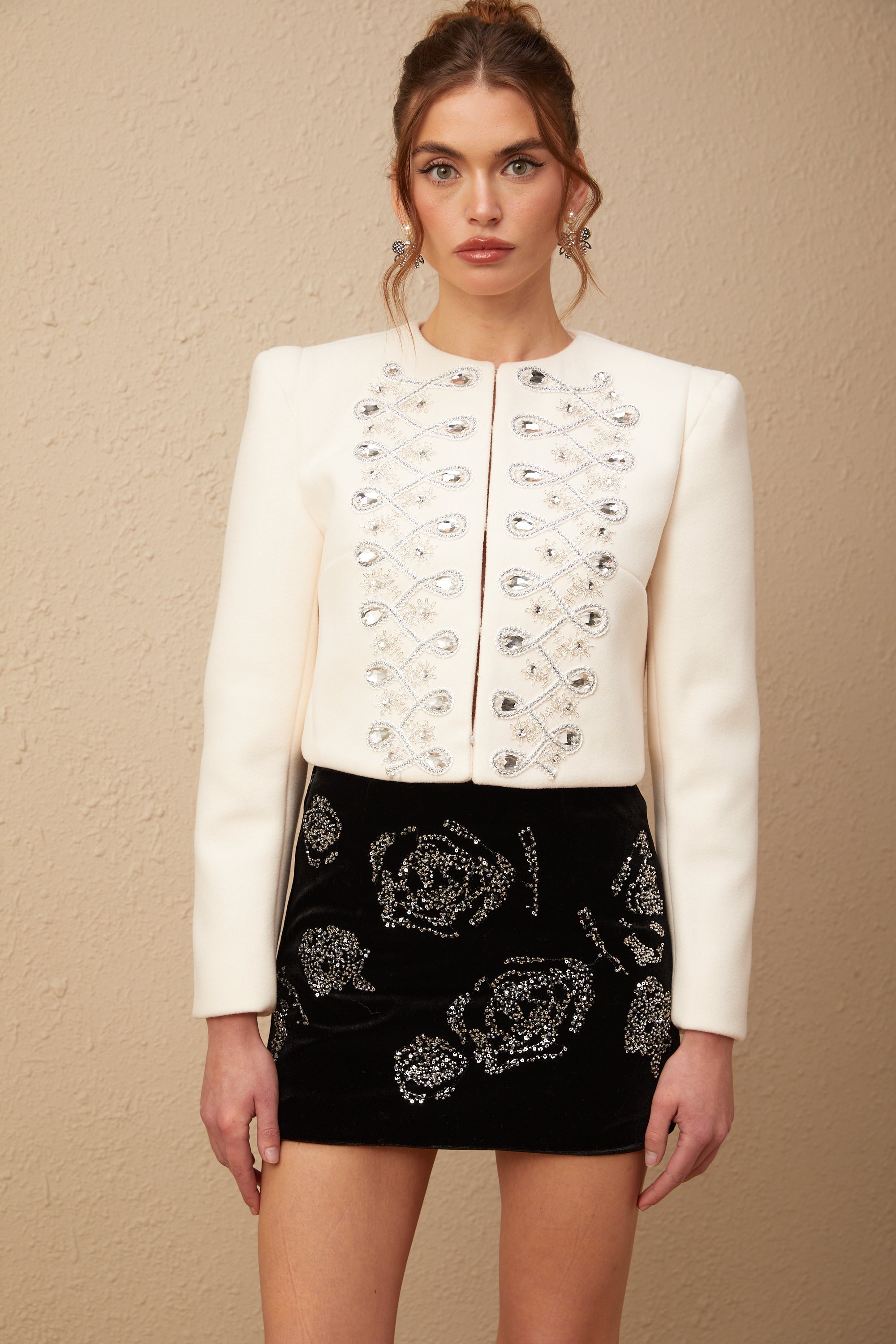Nerina white crystal-embellished tweed jacket