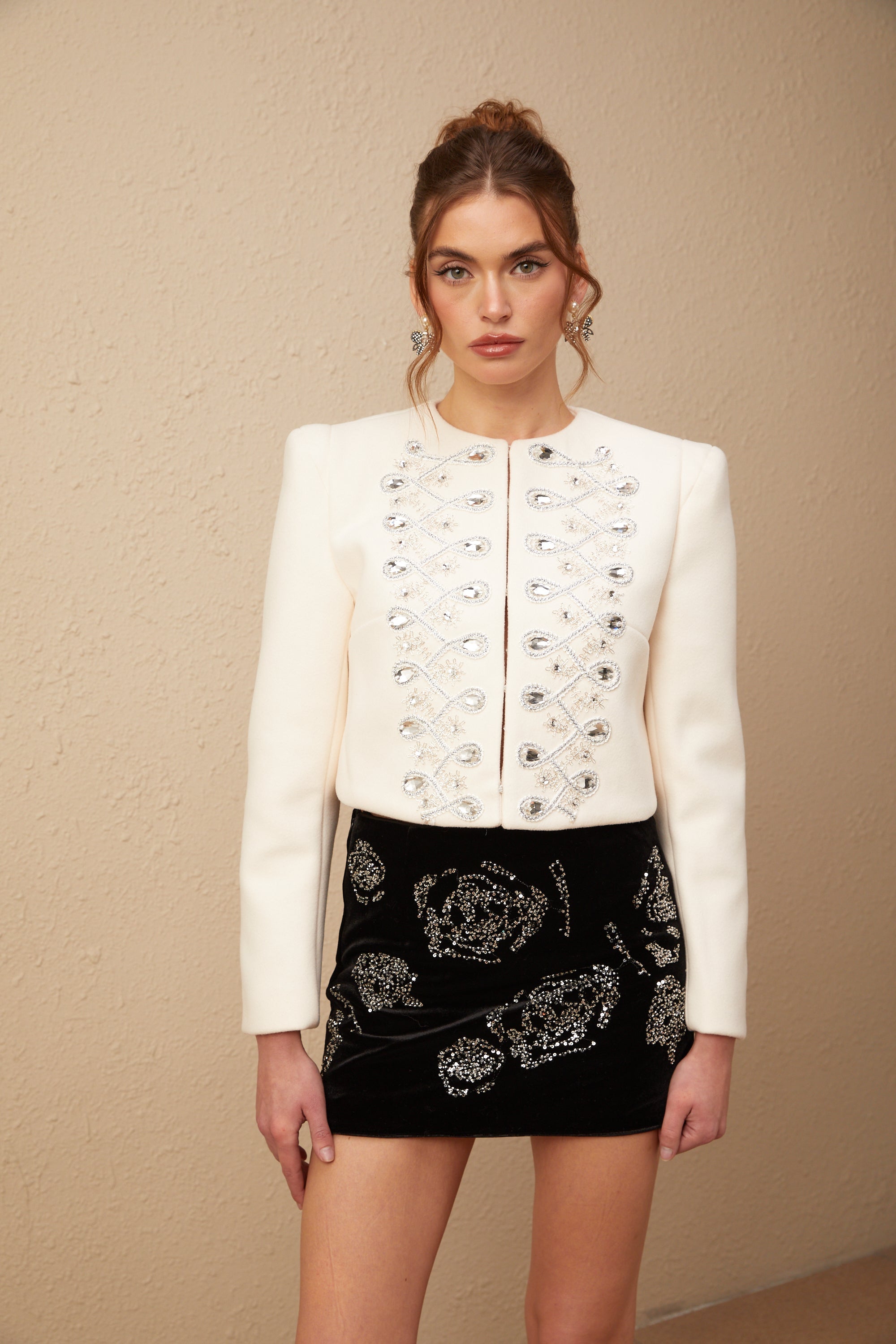 Nerina white crystal-embellished tweed jacket