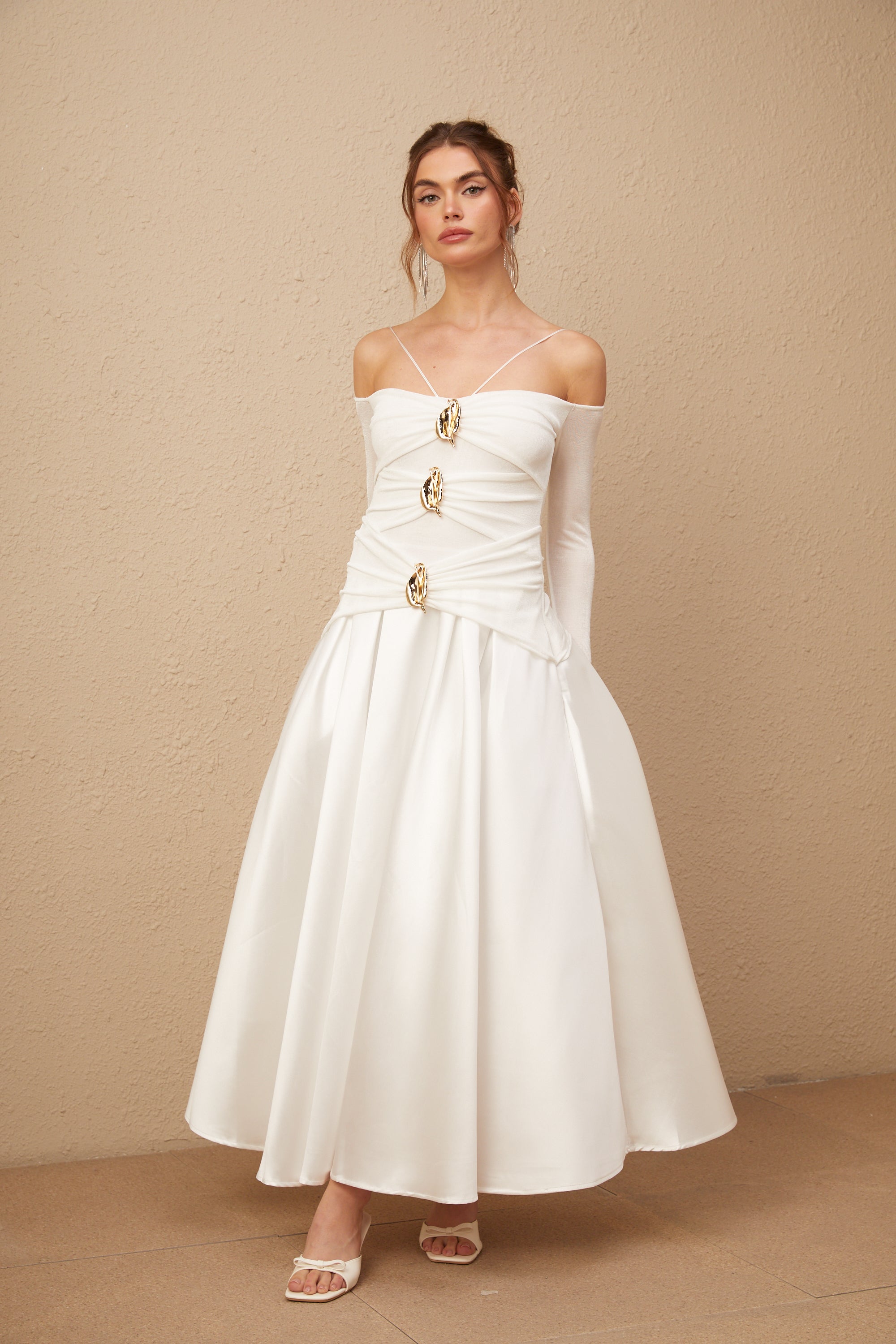 Nadine off-shoulder panelled maxi dress in White (Final Sale)