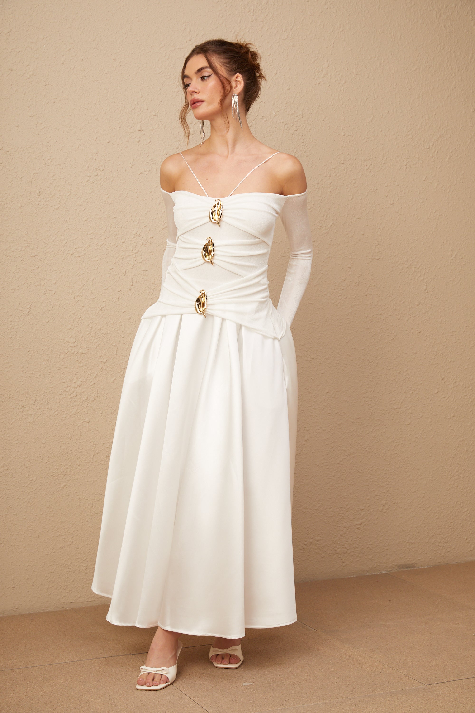 Nadine off-shoulder panelled maxi dress in White (Final Sale)
