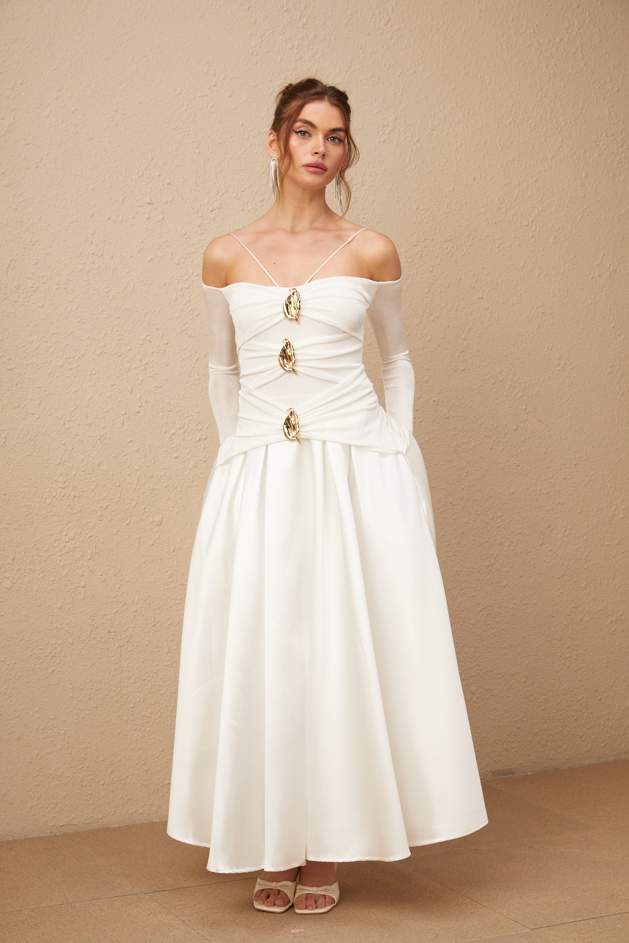 Nadine off-shoulder panelled maxi dress in White (Final Sale)