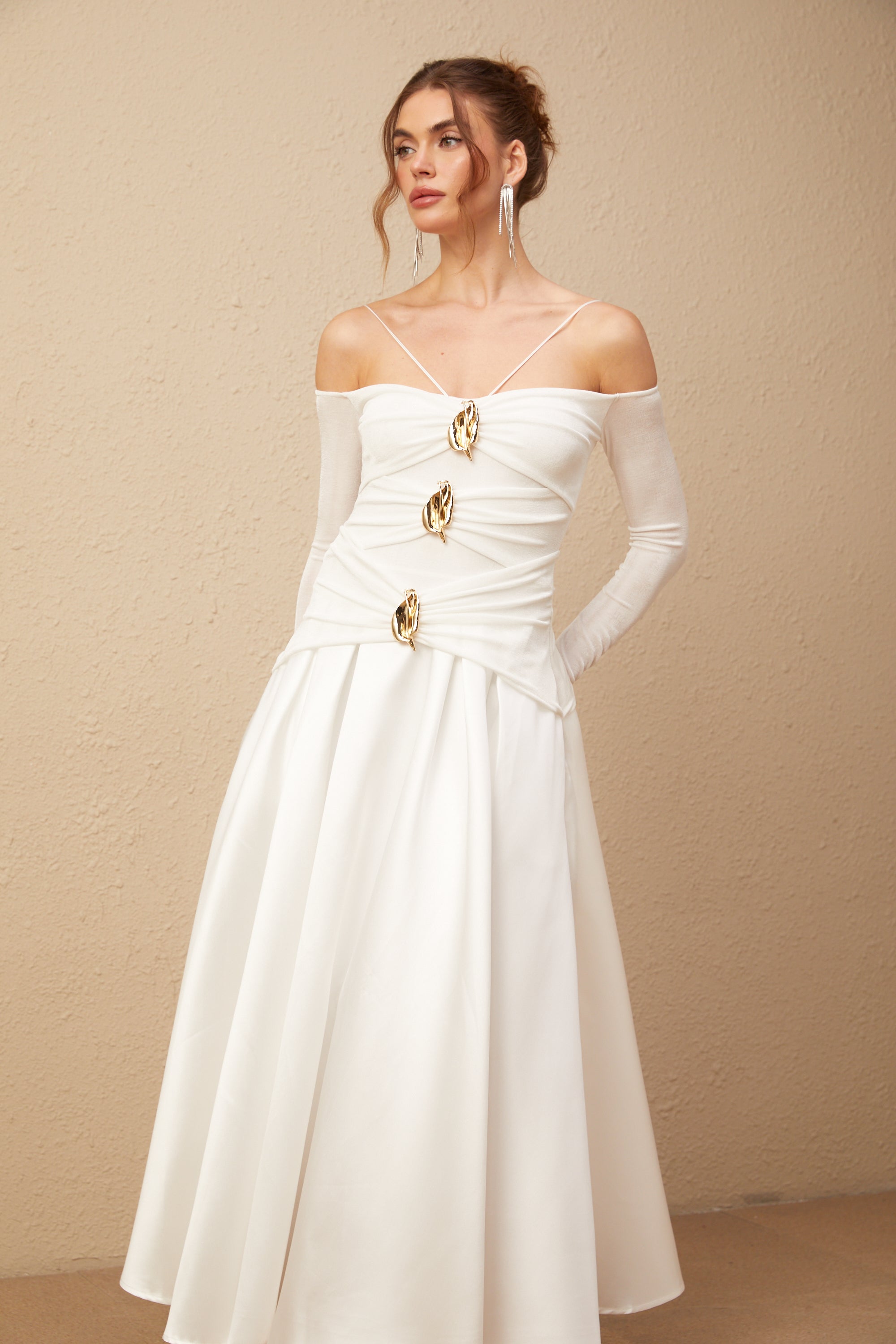 Nadine off-shoulder panelled maxi dress in White (Final Sale)