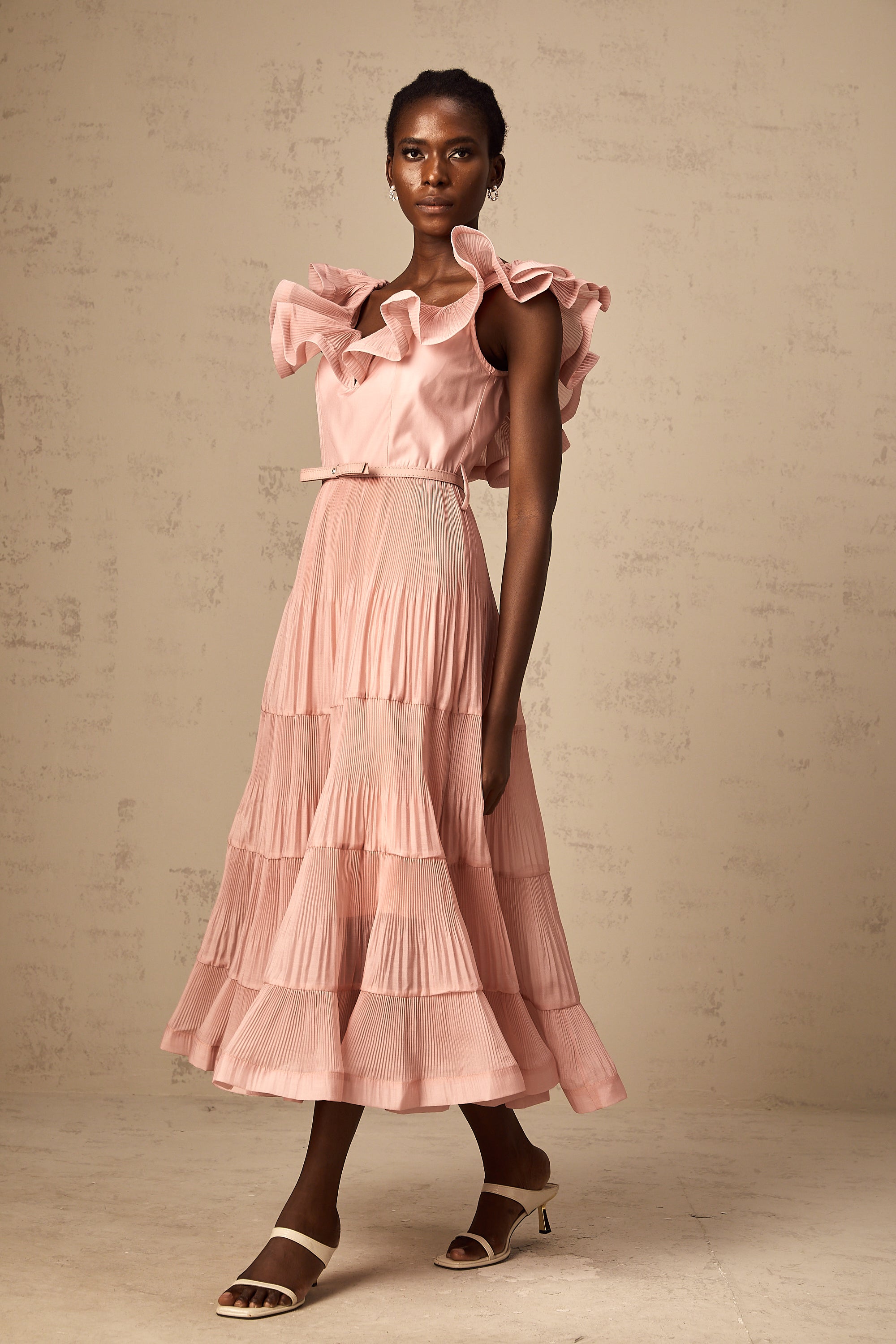 Valentina coral-pink pleated frilled midi dress (Final Sale-US Only)