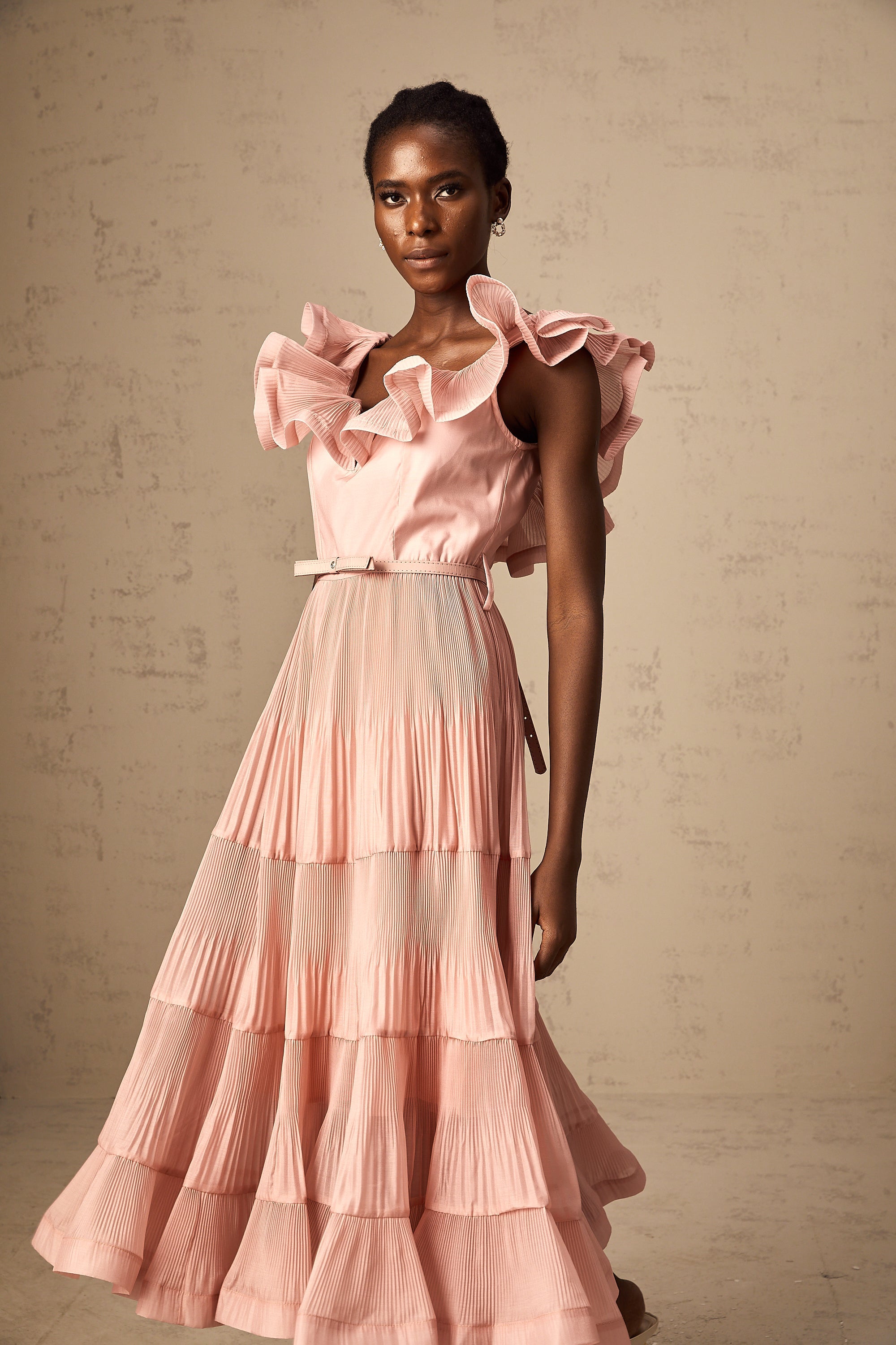 Valentina coral-pink pleated frilled midi dress (Final Sale-US Only)