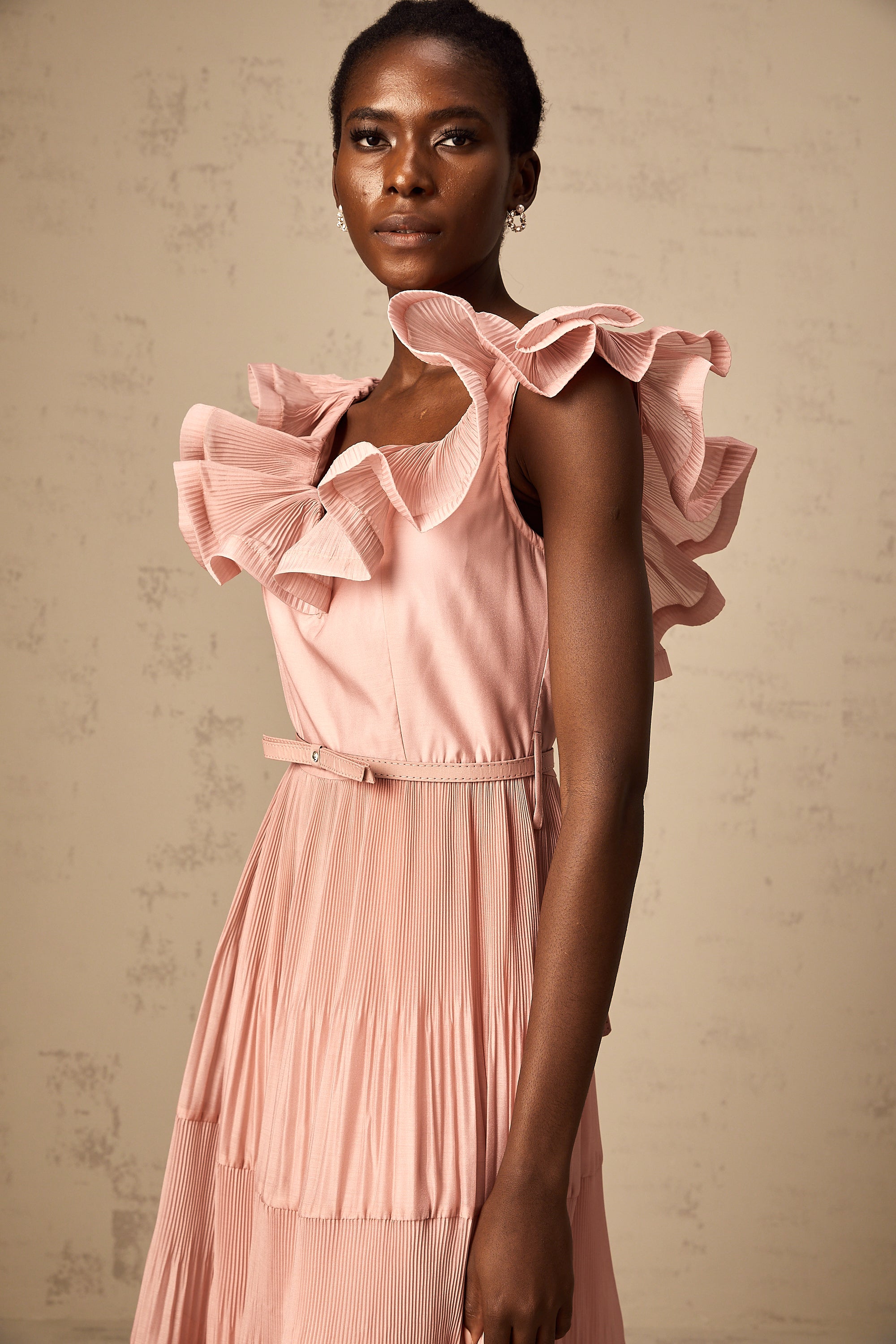 Valentina coral-pink pleated frilled midi dress (Final Sale-US Only)
