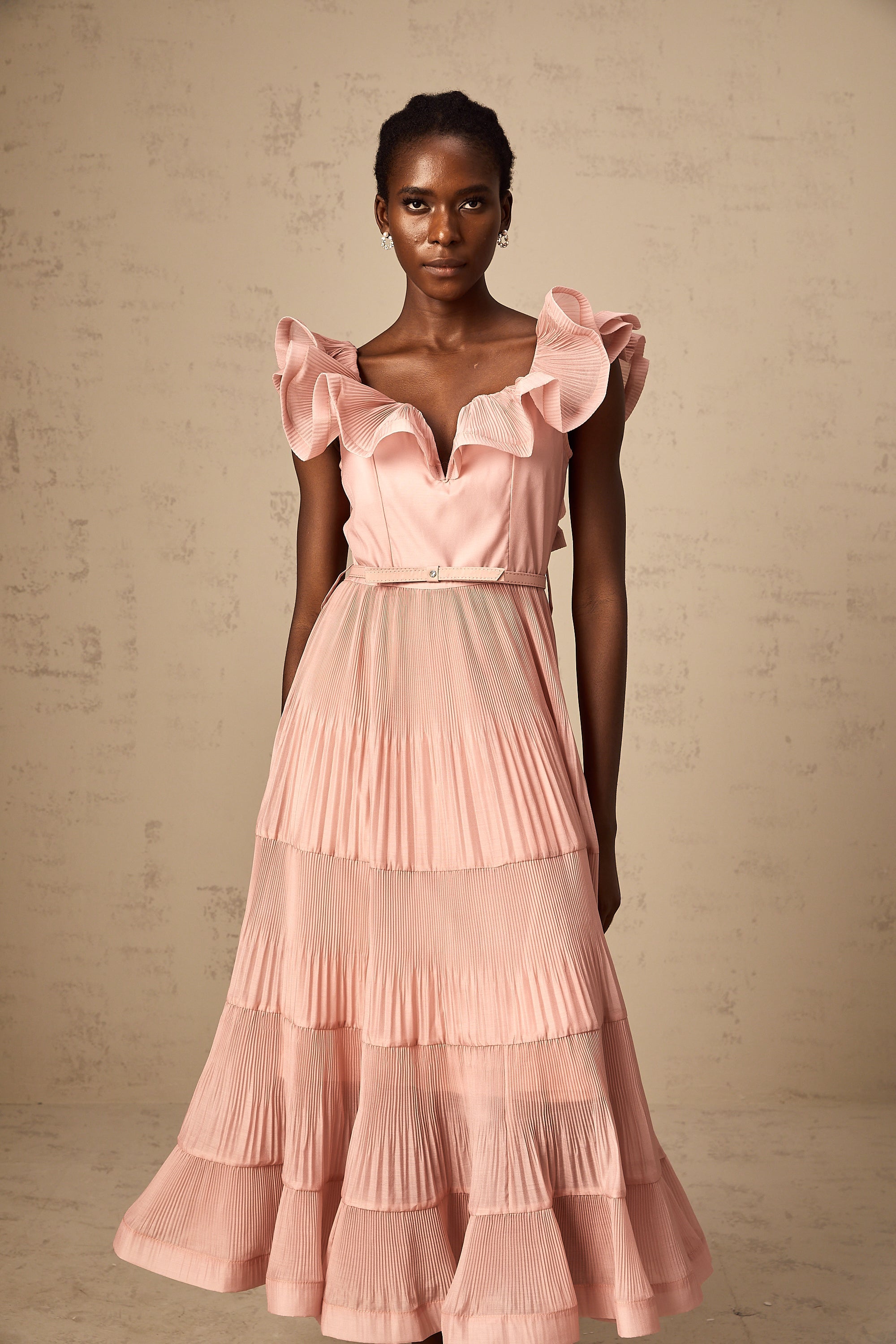 Valentina coral-pink pleated frilled midi dress (Final Sale-US Only)
