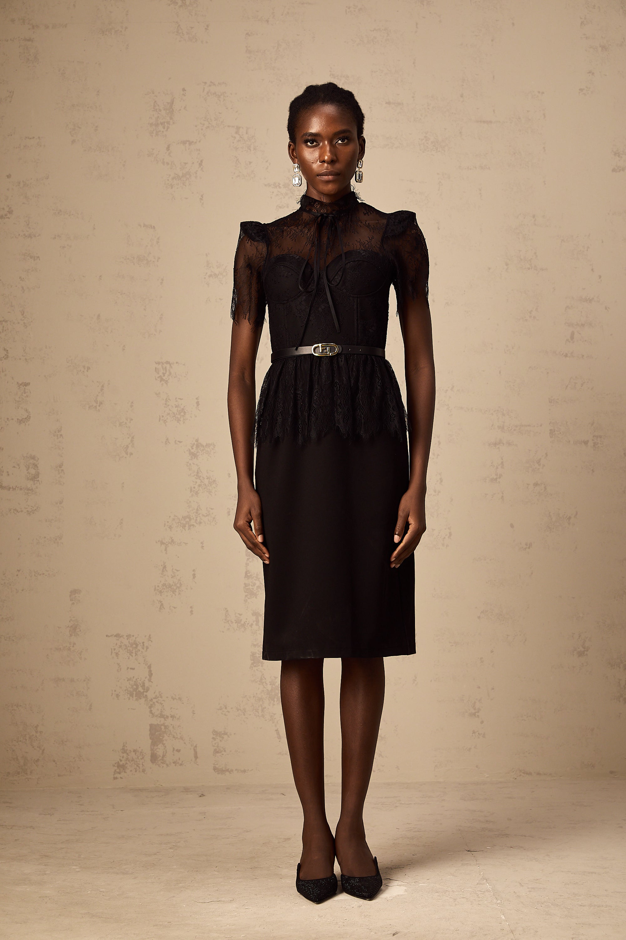 Thérèse black guipure-lace panelled midi dress (Without belt)