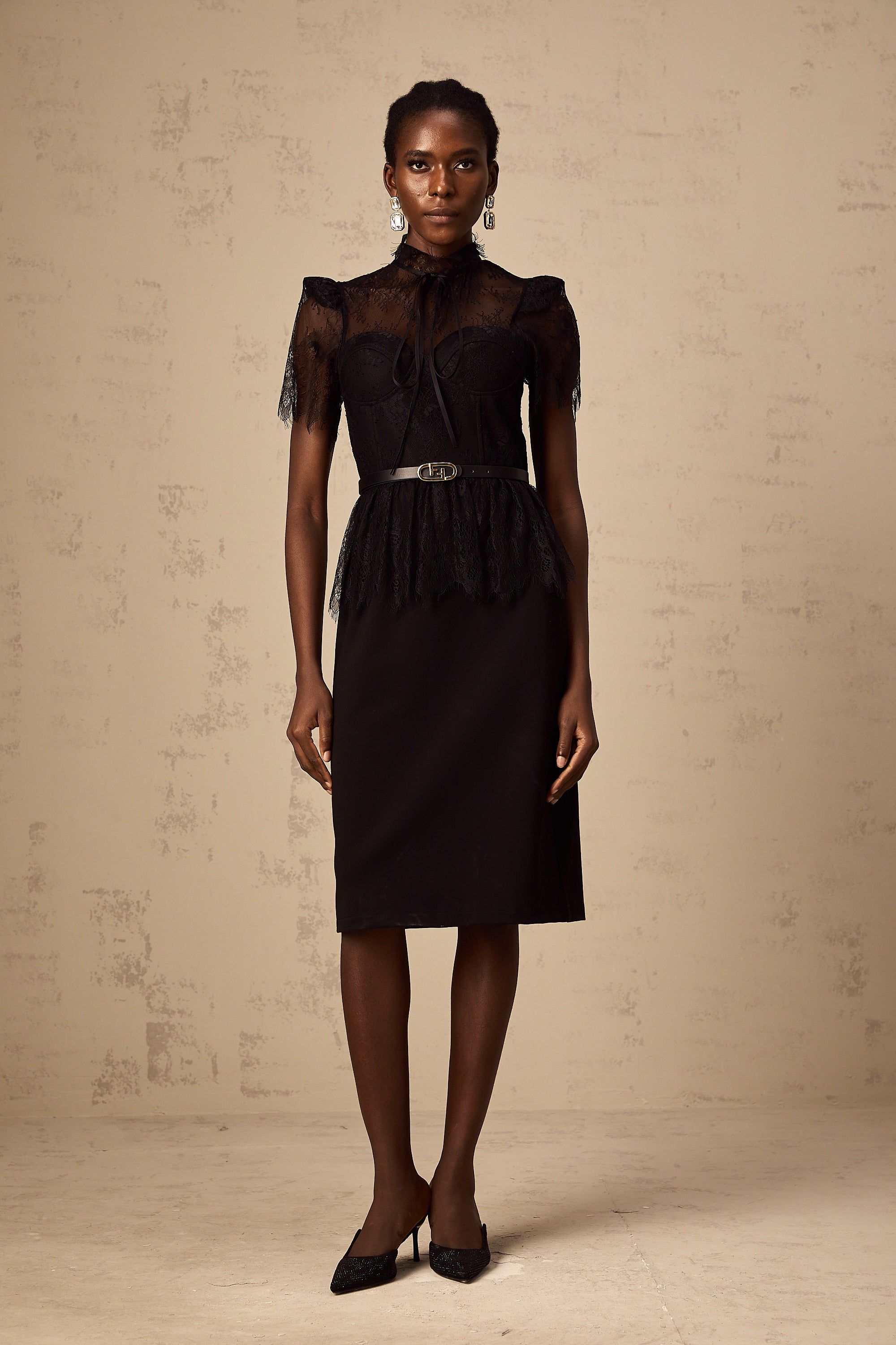 Thérèse black guipure-lace panelled midi dress (Without belt)