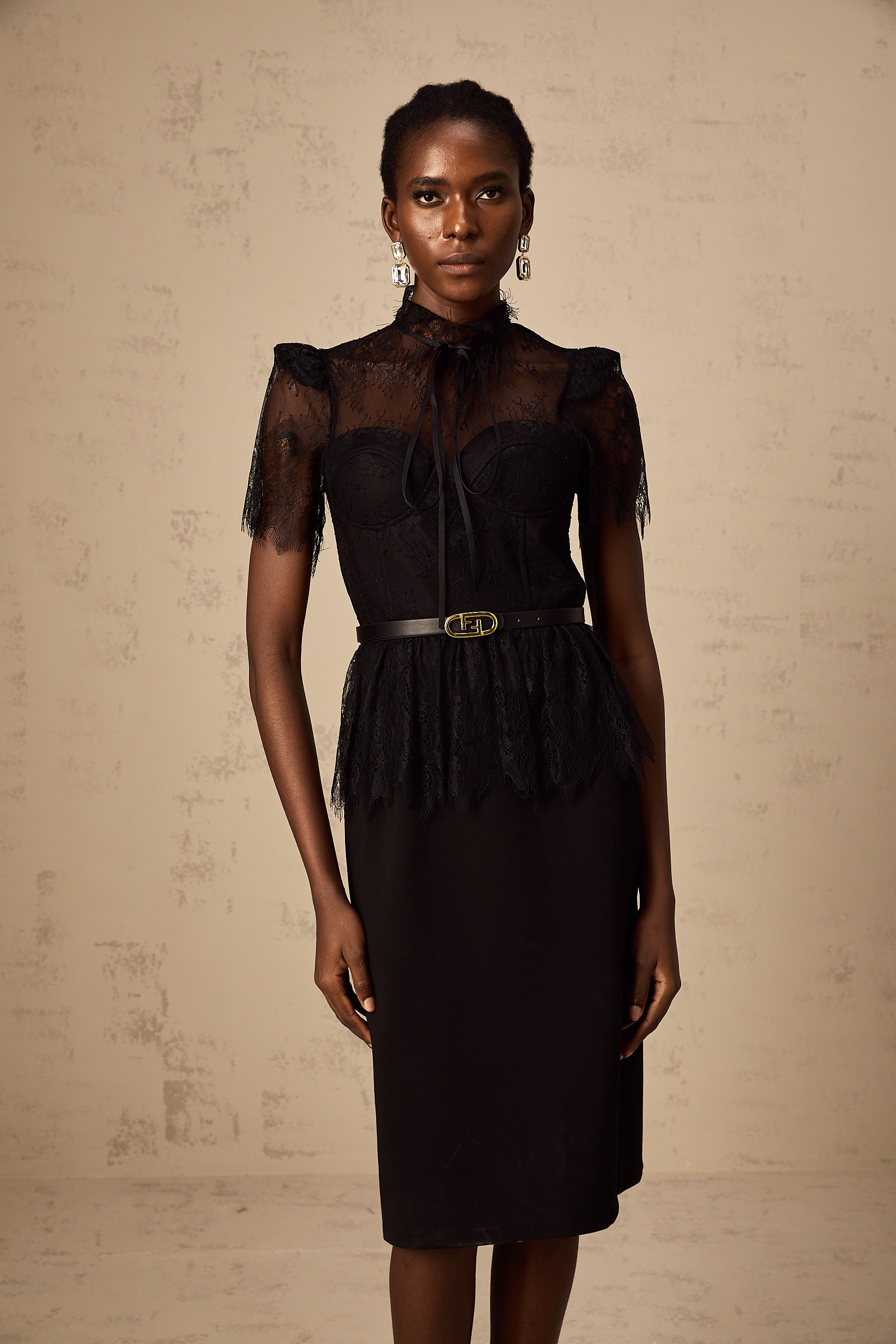 Thérèse black guipure-lace panelled midi dress (Without belt)