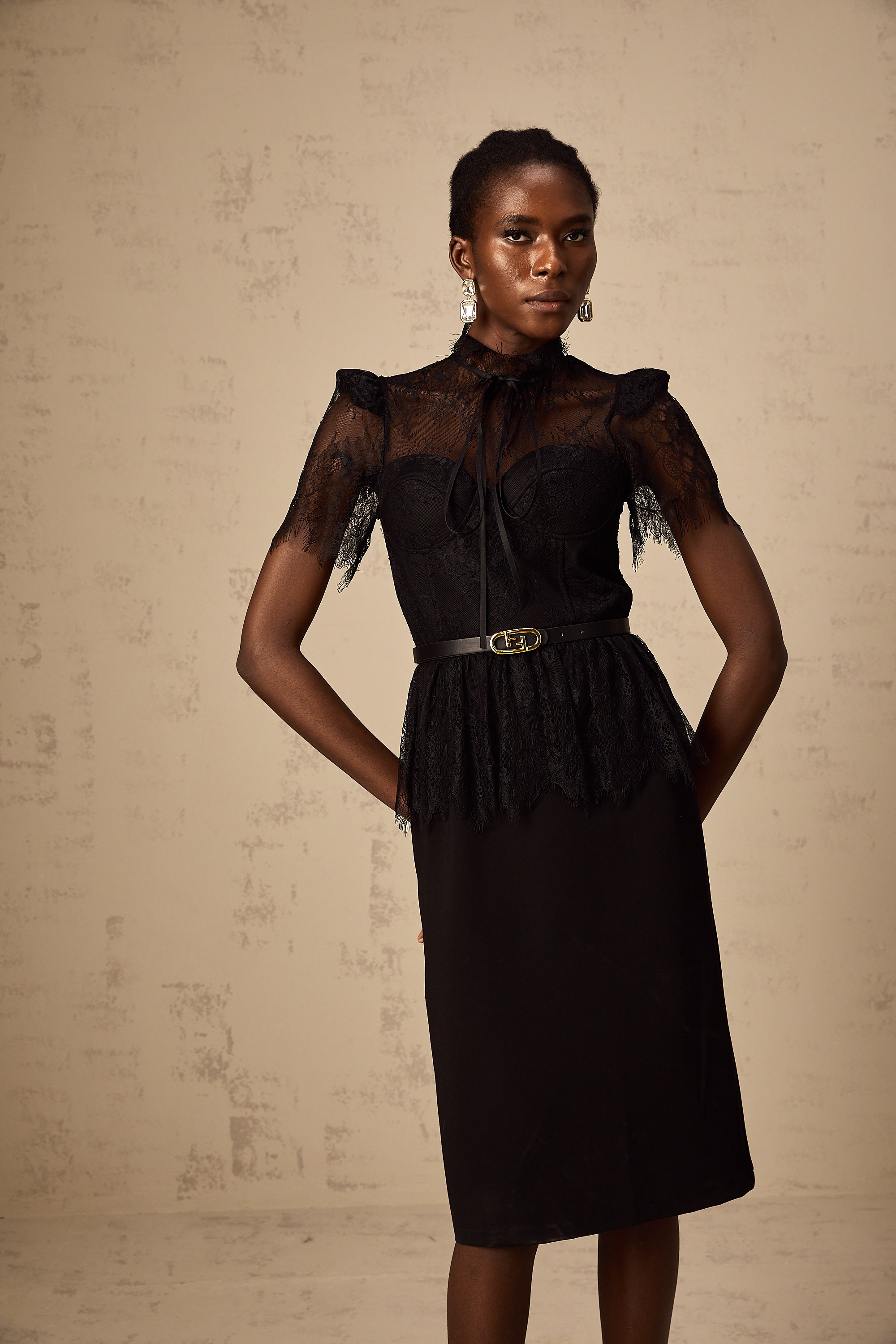 Thérèse black guipure-lace panelled midi dress (Without belt)