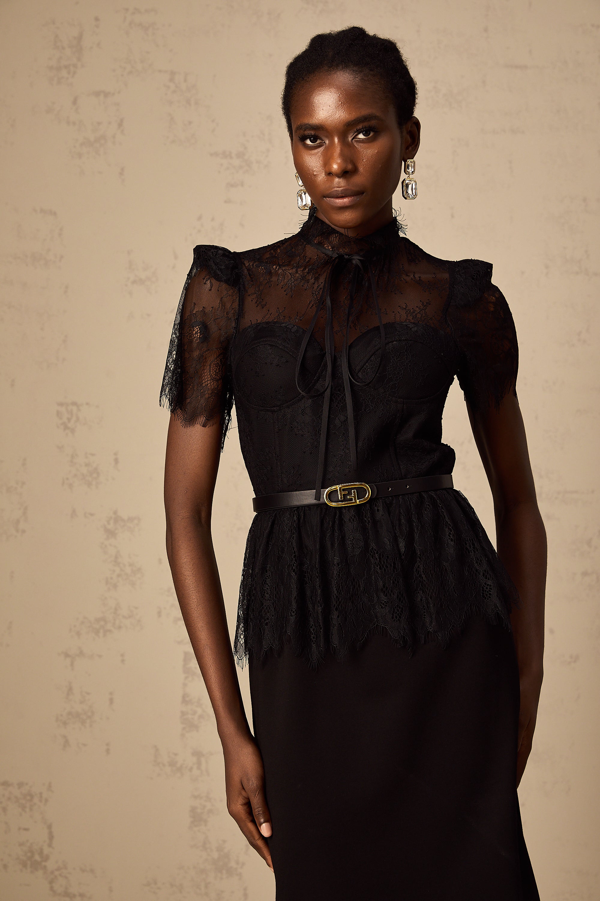 Thérèse black guipure-lace panelled midi dress (Without belt)