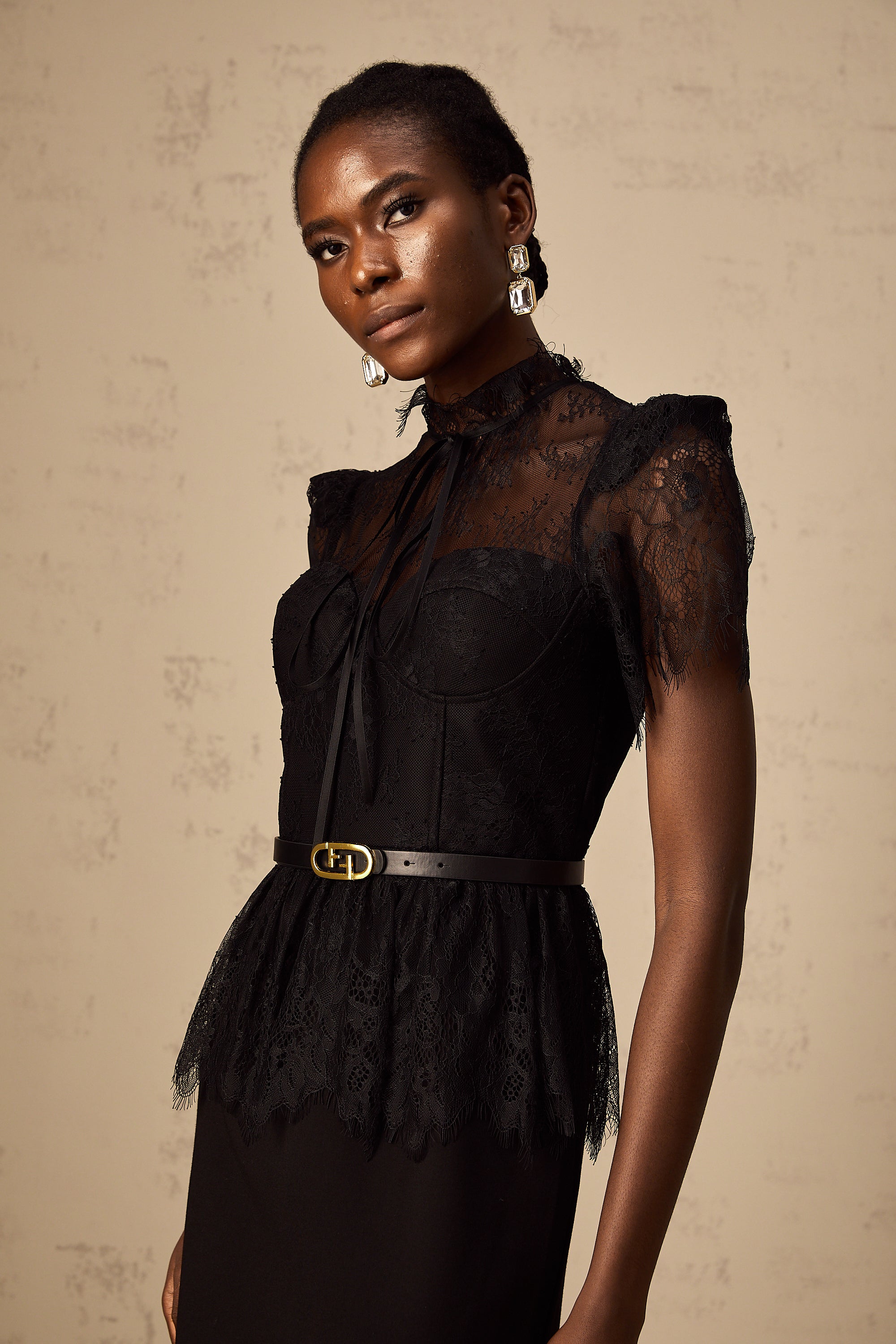 Thérèse black guipure-lace panelled midi dress (Without belt)