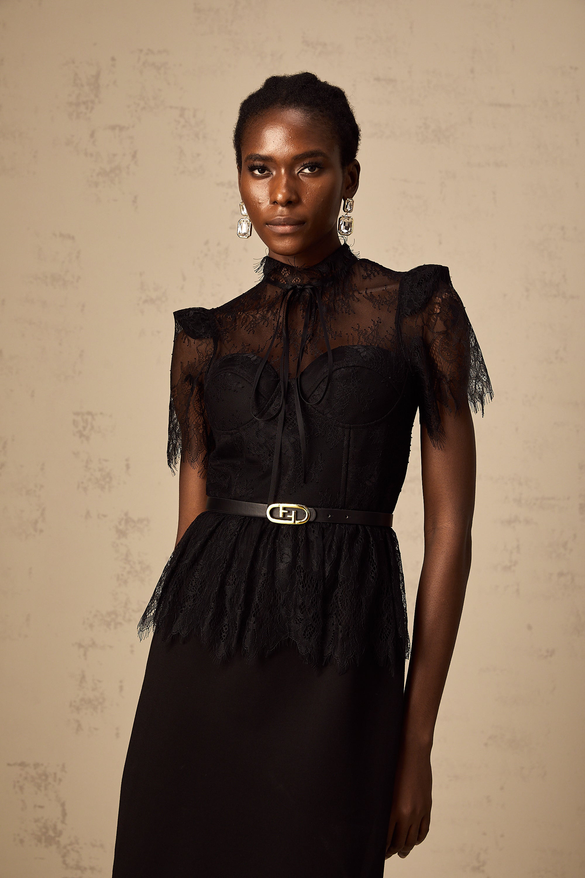 Thérèse black guipure-lace panelled midi dress (Without belt)