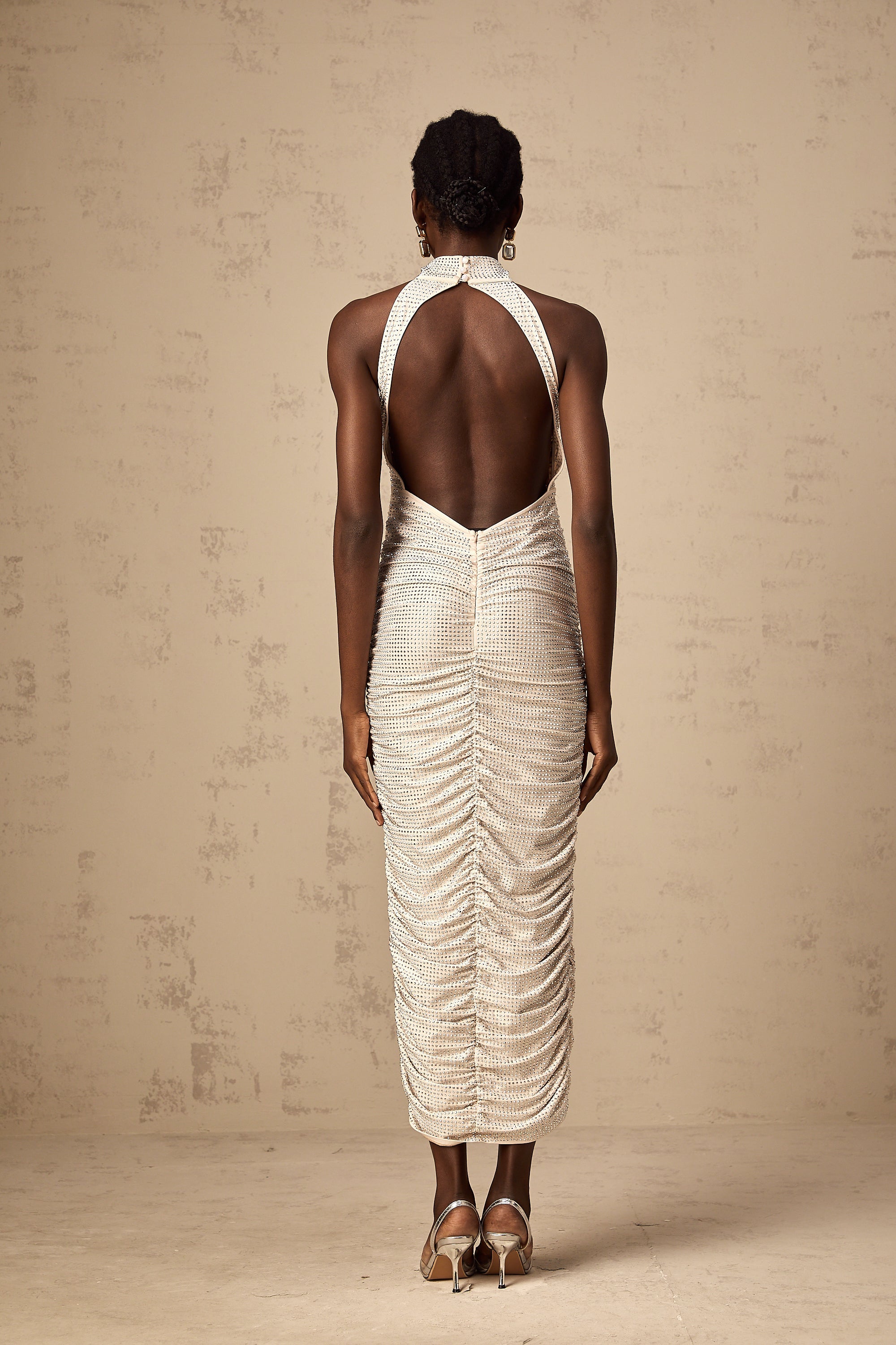 Cheryl stud-embellished fitted ruched midi dress