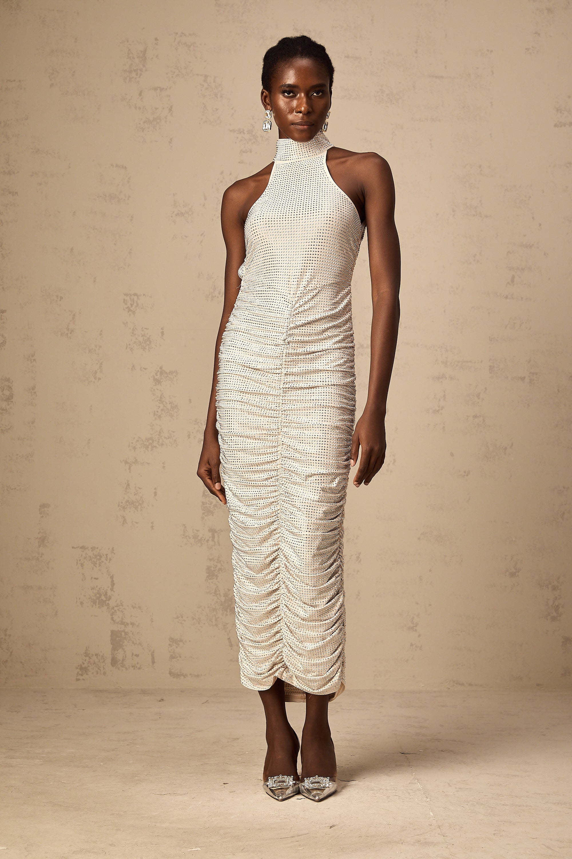 Cheryl stud-embellished fitted ruched midi dress
