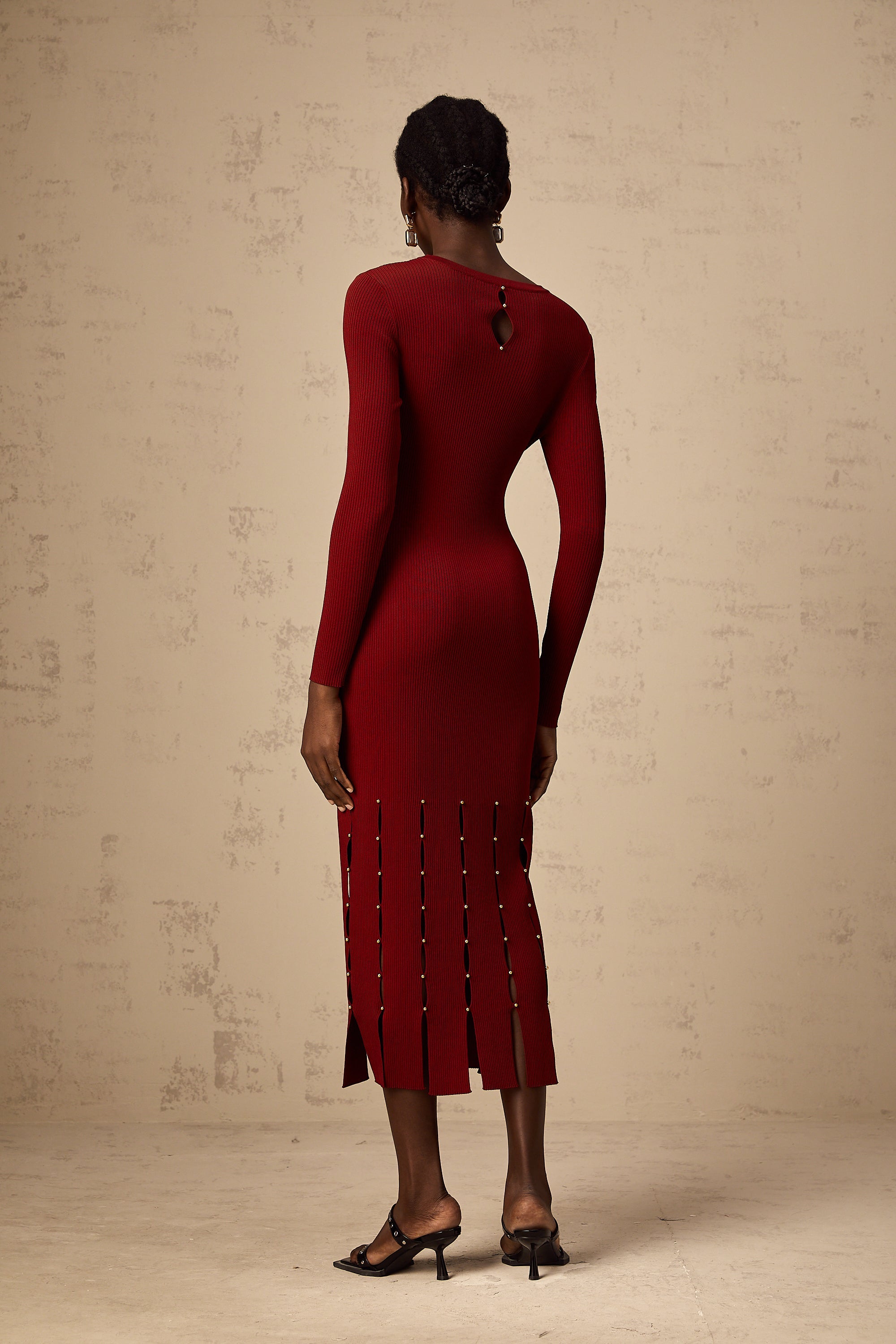 Hilaire red beaded long-sleeve cut-out knit midi dress