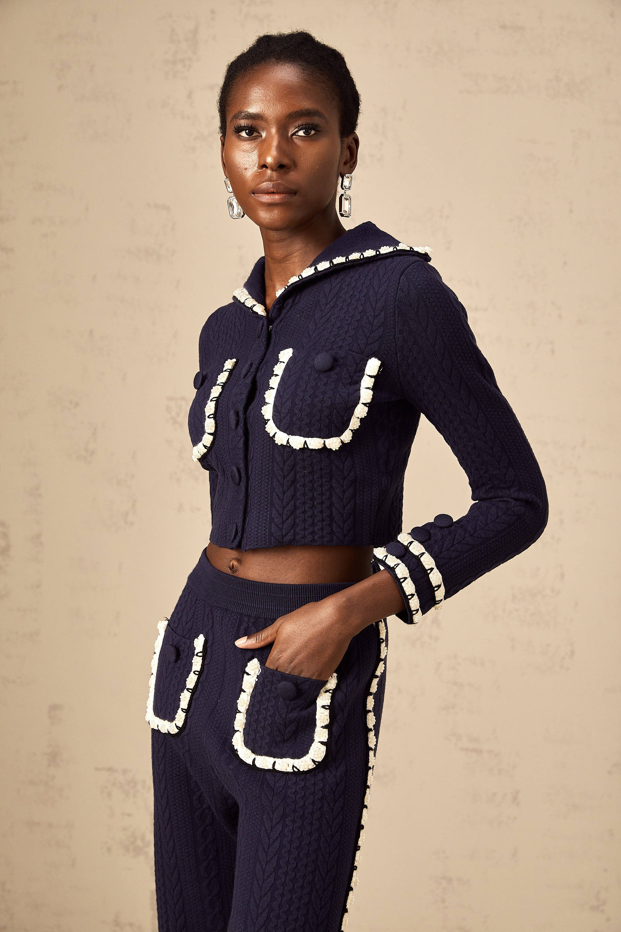 Elvira navy blue crochet-knit cardigan & trousers matching set (Final Sale-US Only)