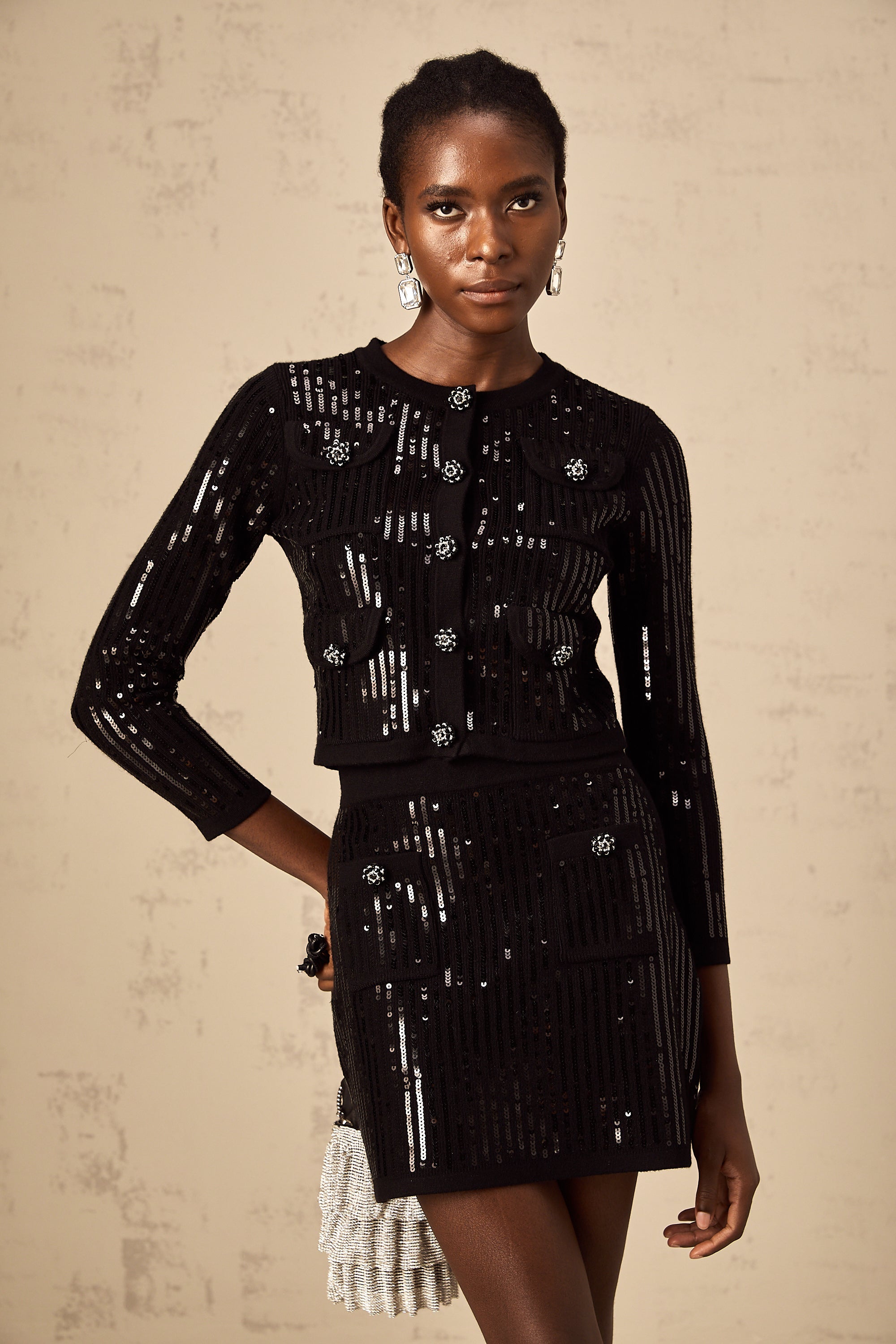 Iris black sequined ribbed-knit cardigan & skirt matching set (Final Sale)