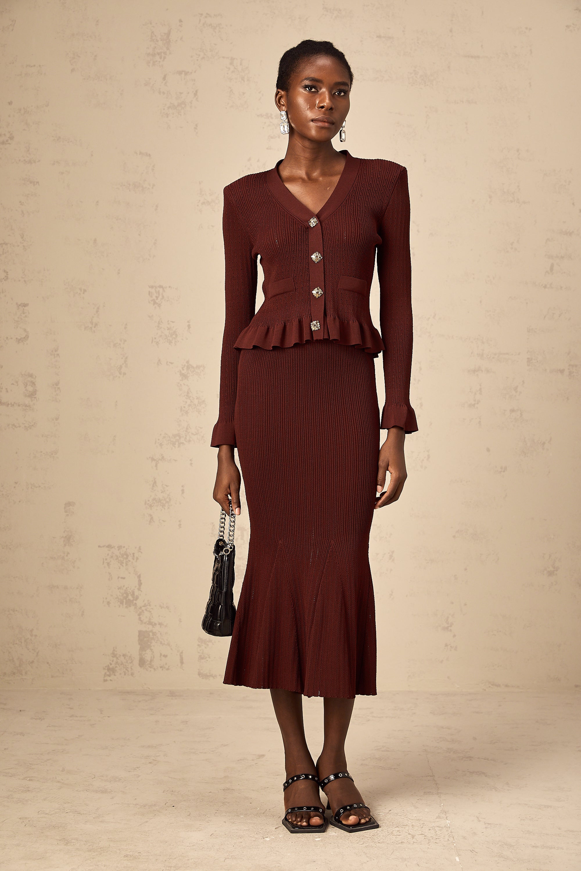 Corrine red ruffled knit top & skirt matching set (Final Sale-US Only)