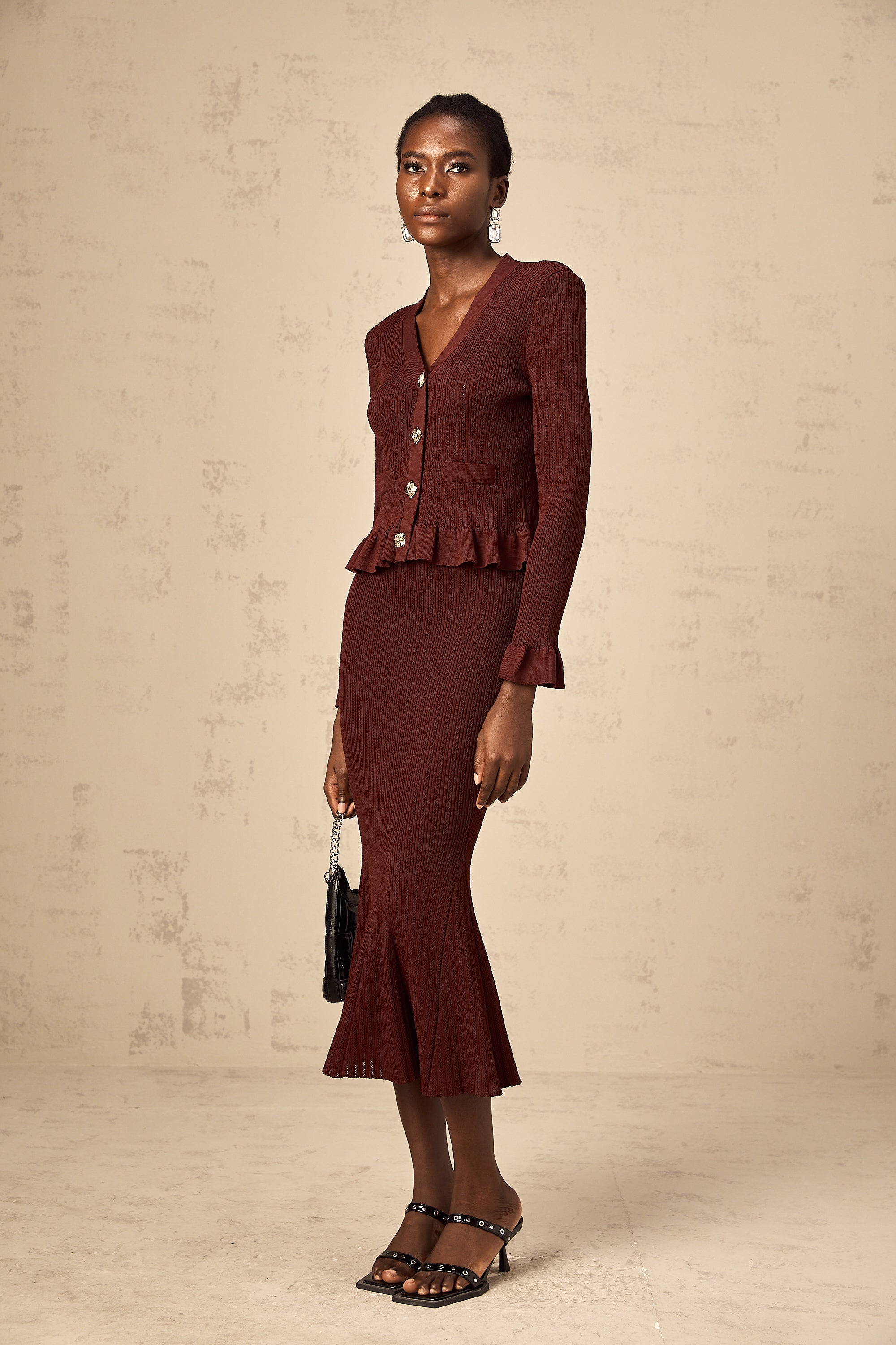 Corrine red ruffled knit top & skirt matching set (Final Sale)