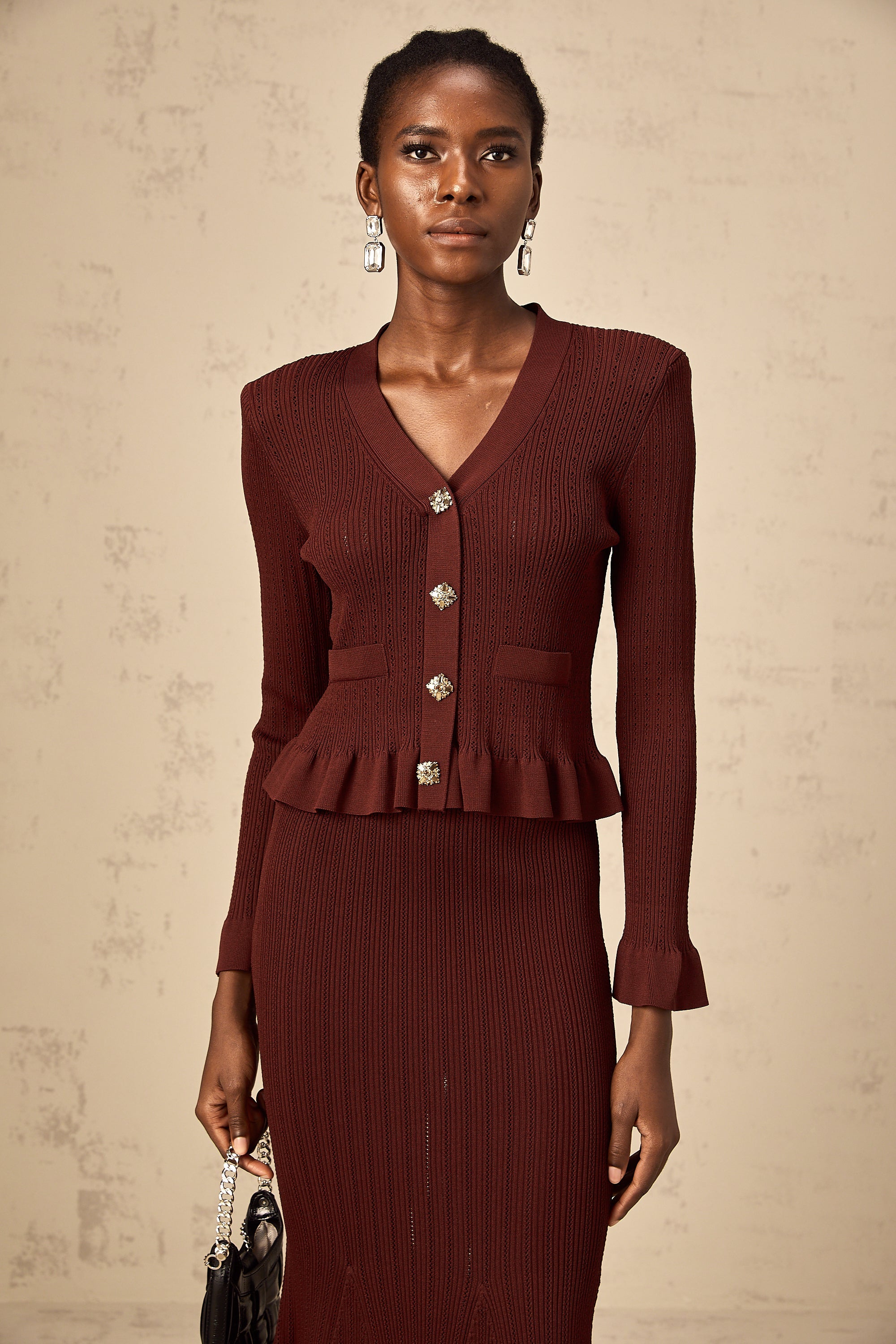 Corrine red ruffled knit top & skirt matching set (Final Sale)