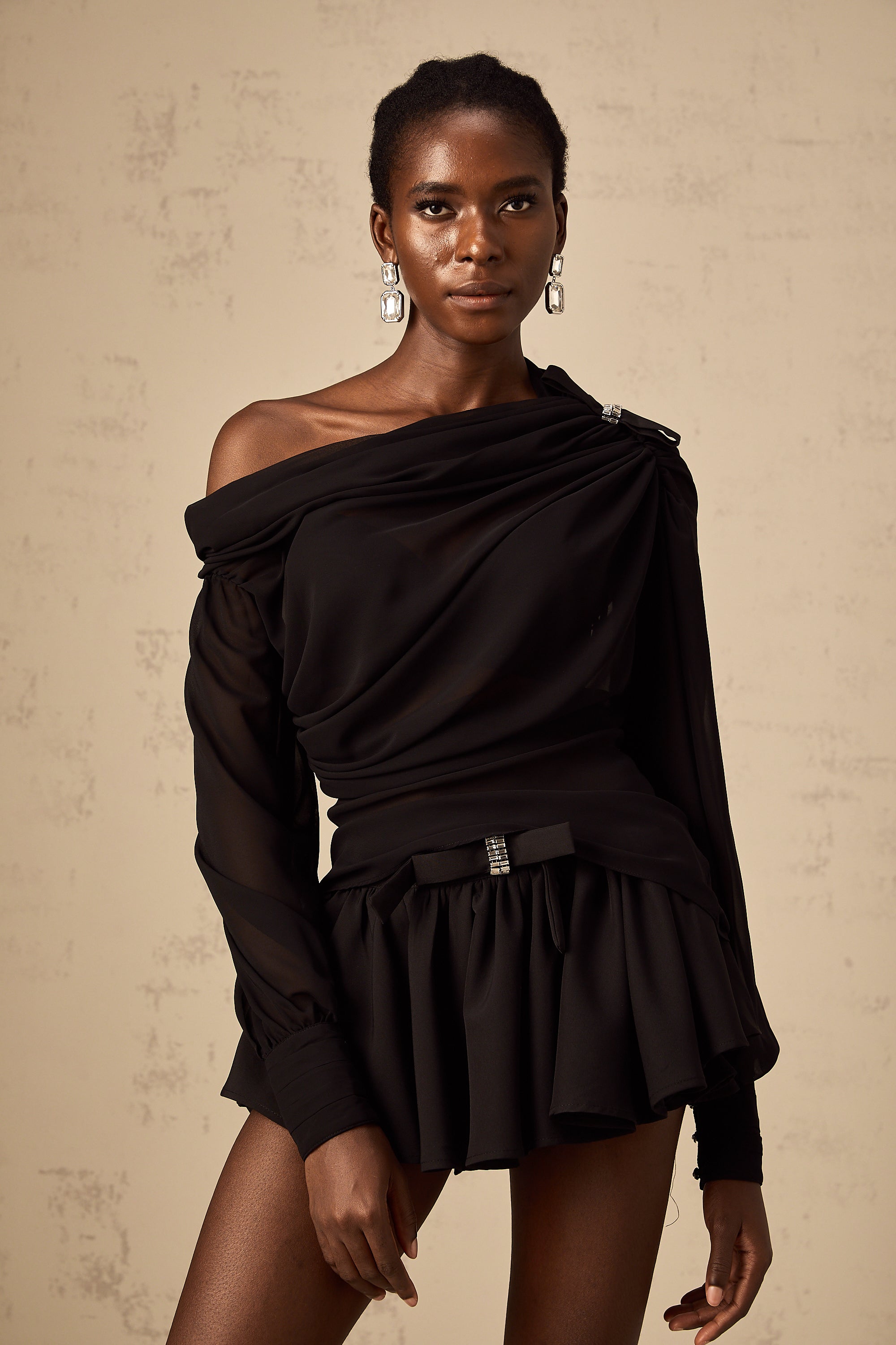 Andrea asymmetrical tulle blouse & skirt matching set in Black